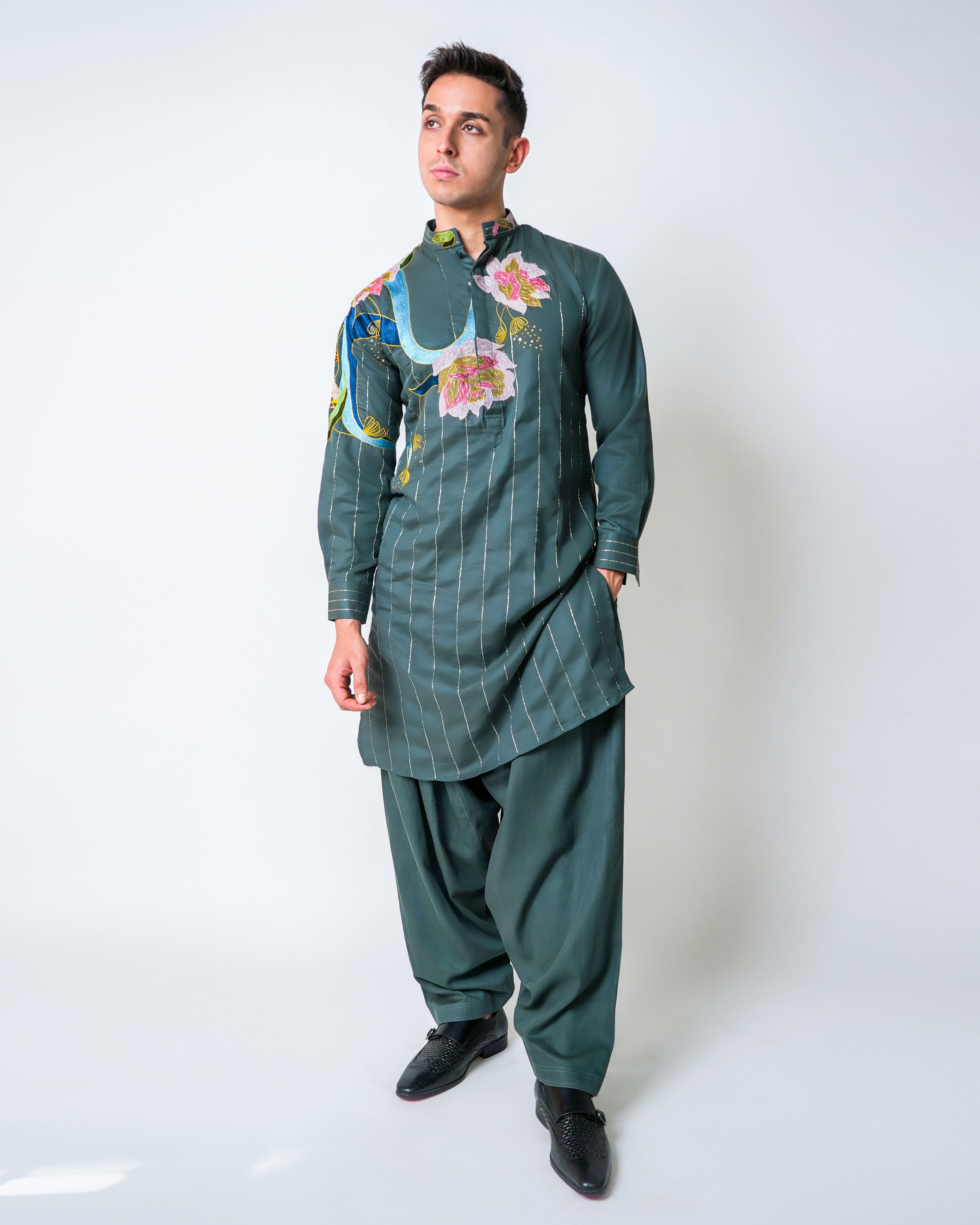 Forest Green Tencel, Suede Applique and Lurex Stripe Kurta set