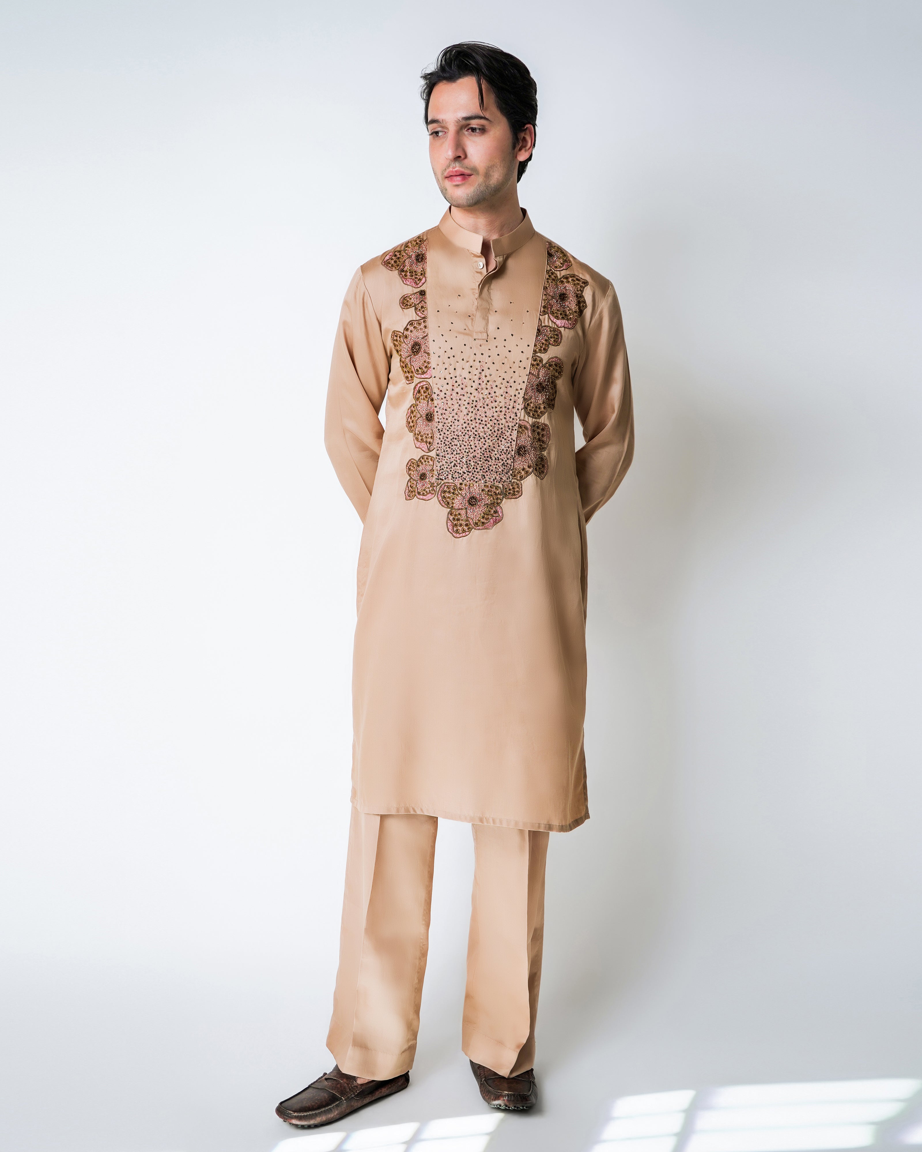 Champagne Tencel Satin coral clusters kurta set