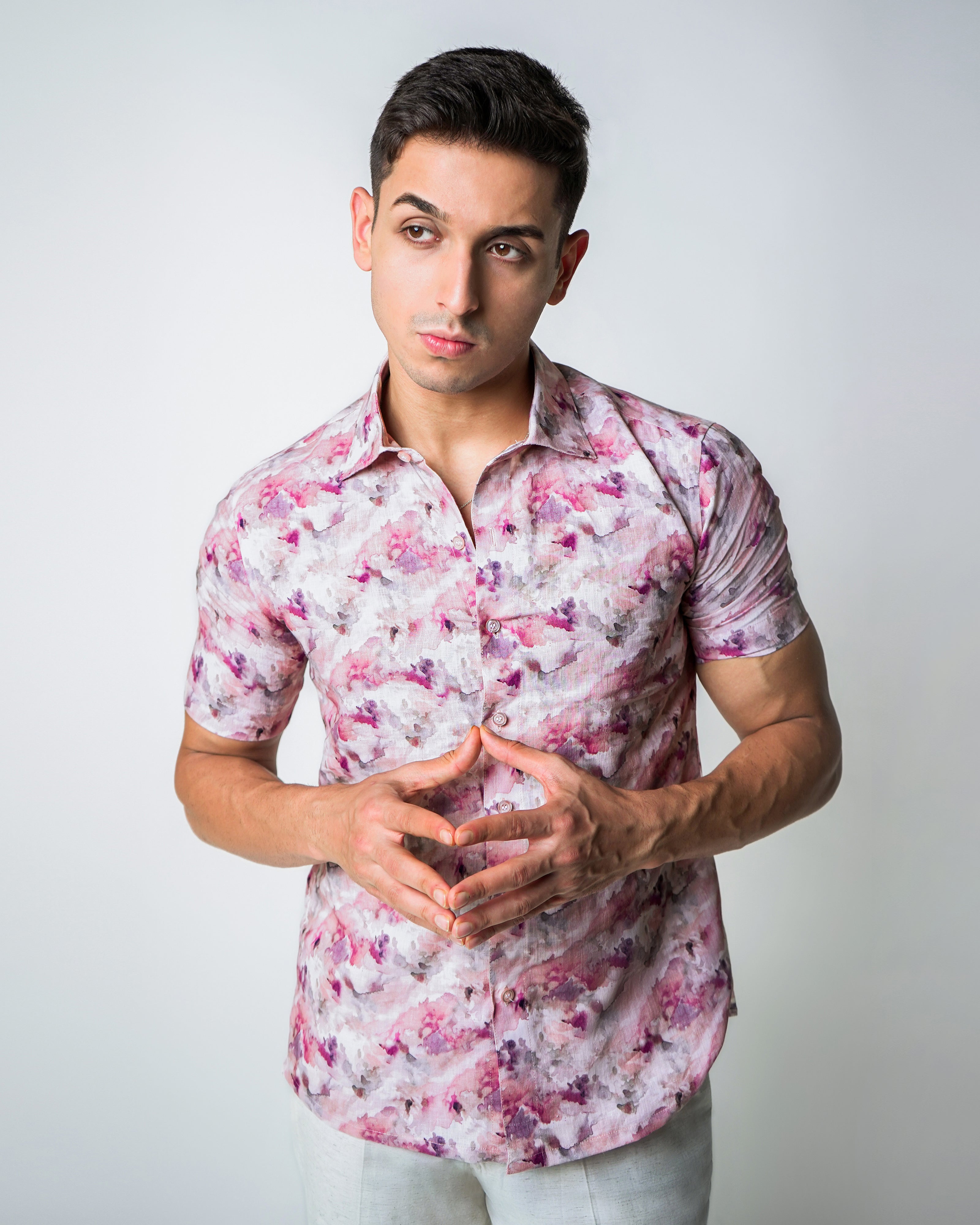 Cream and Pink linen water paint floral printed shirt