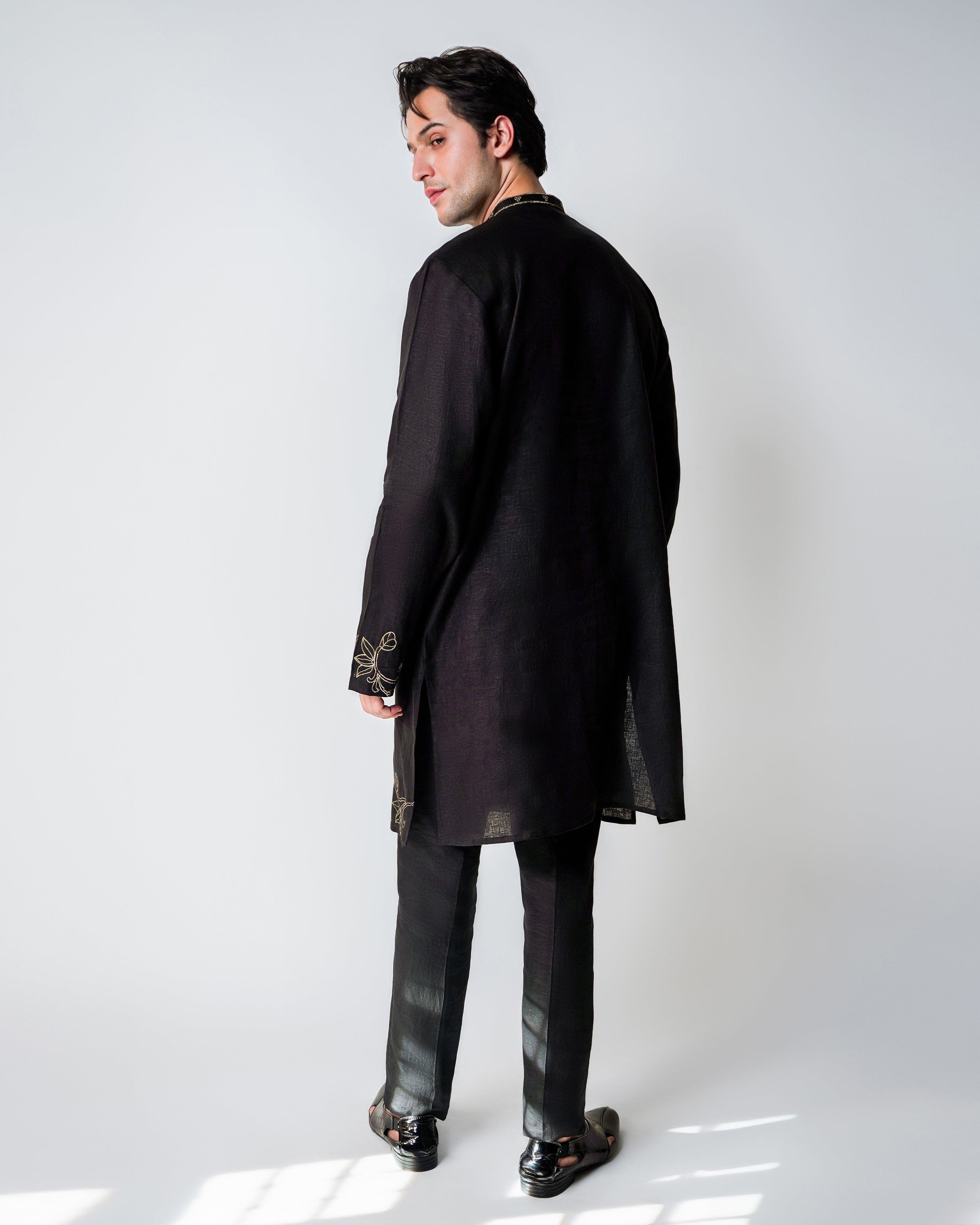 Black Linen Gold Dori Handwork Kurta Set