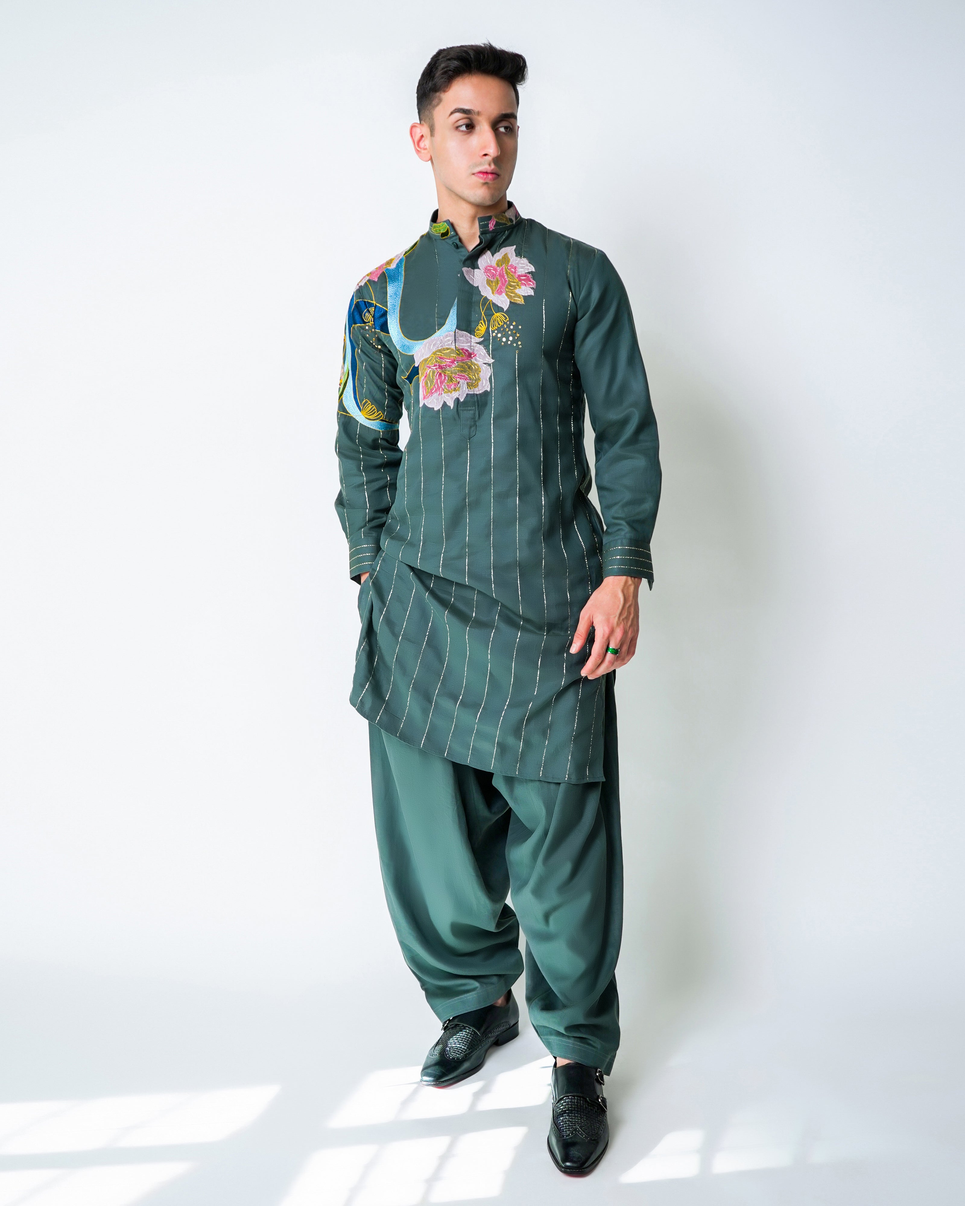 Forest Green Tencel, Suede Applique and Lurex Stripe Kurta set