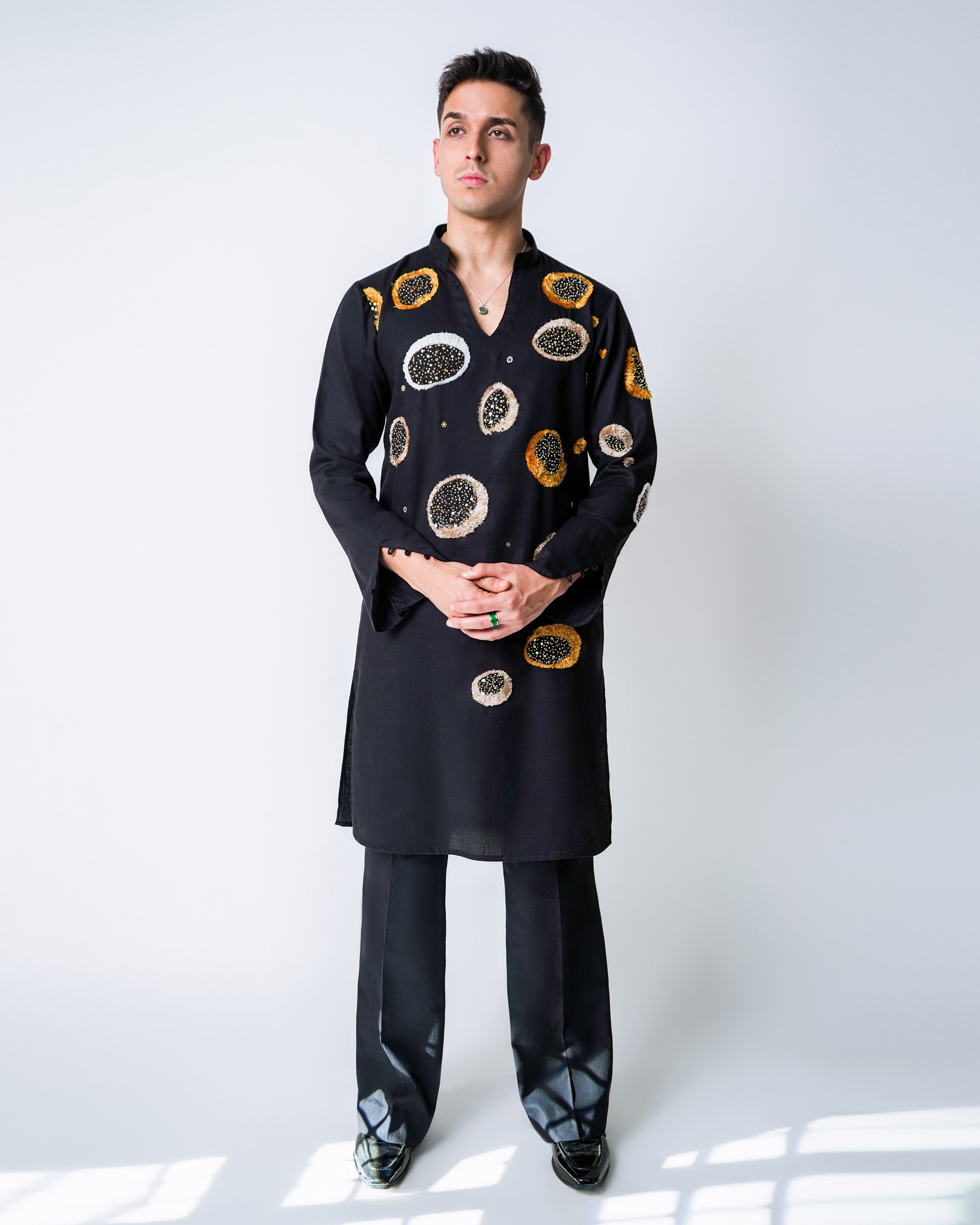 Black Tencel Suction Cup cluster Embroidery Kurta
