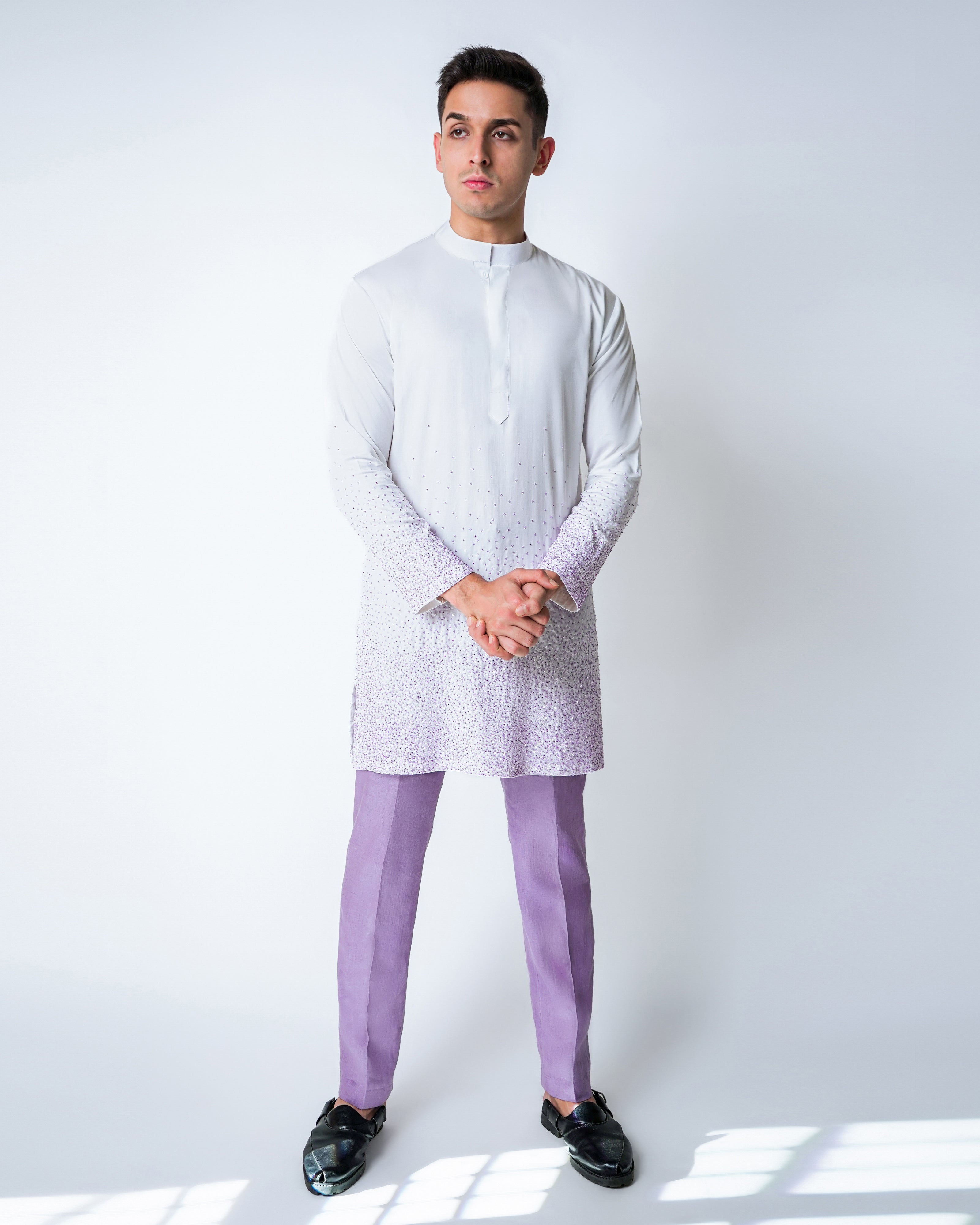 White Tencel Satin with Lilac Beads ombre handwork Kurta Set