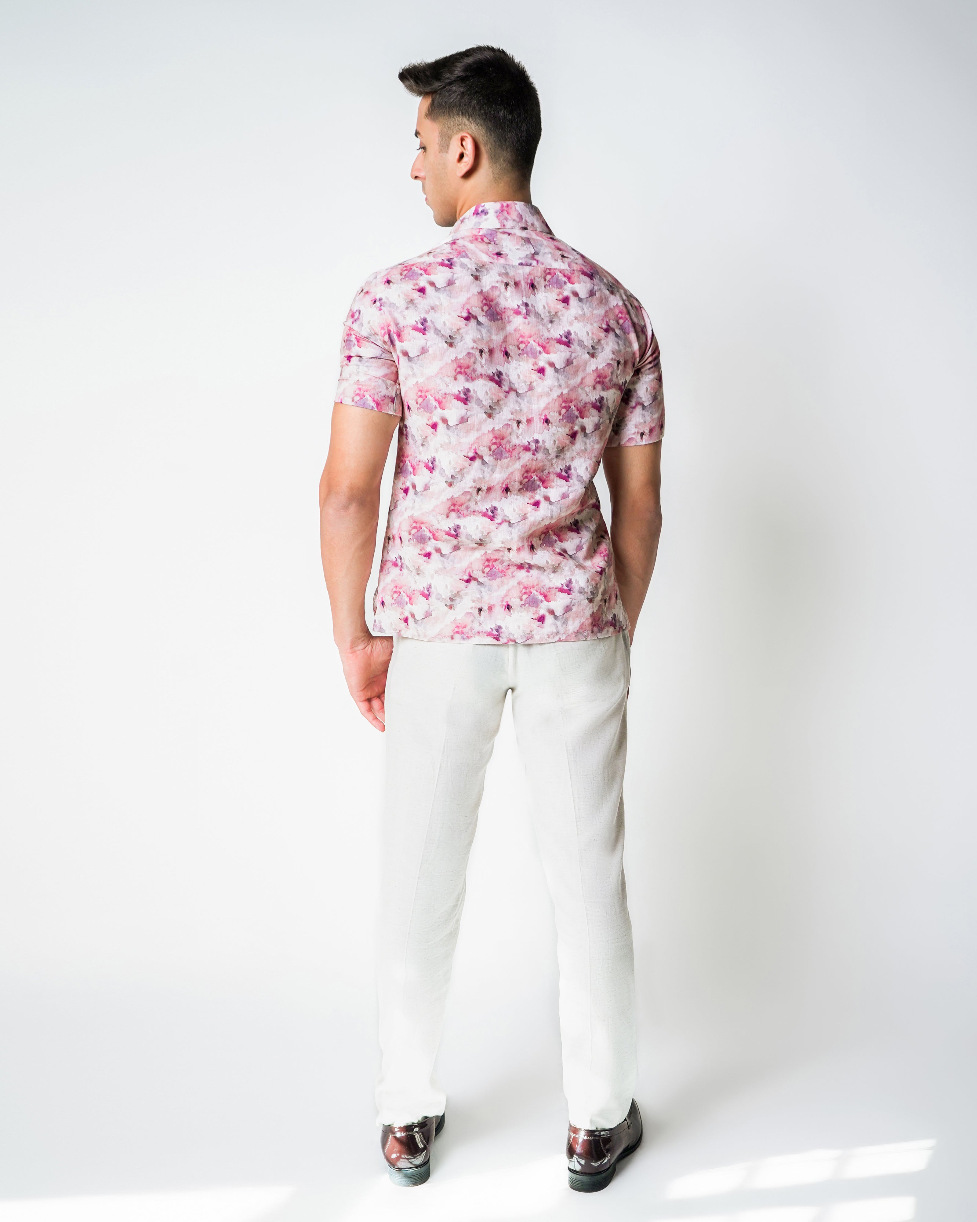 Cream and Pink linen water paint floral printed shirt