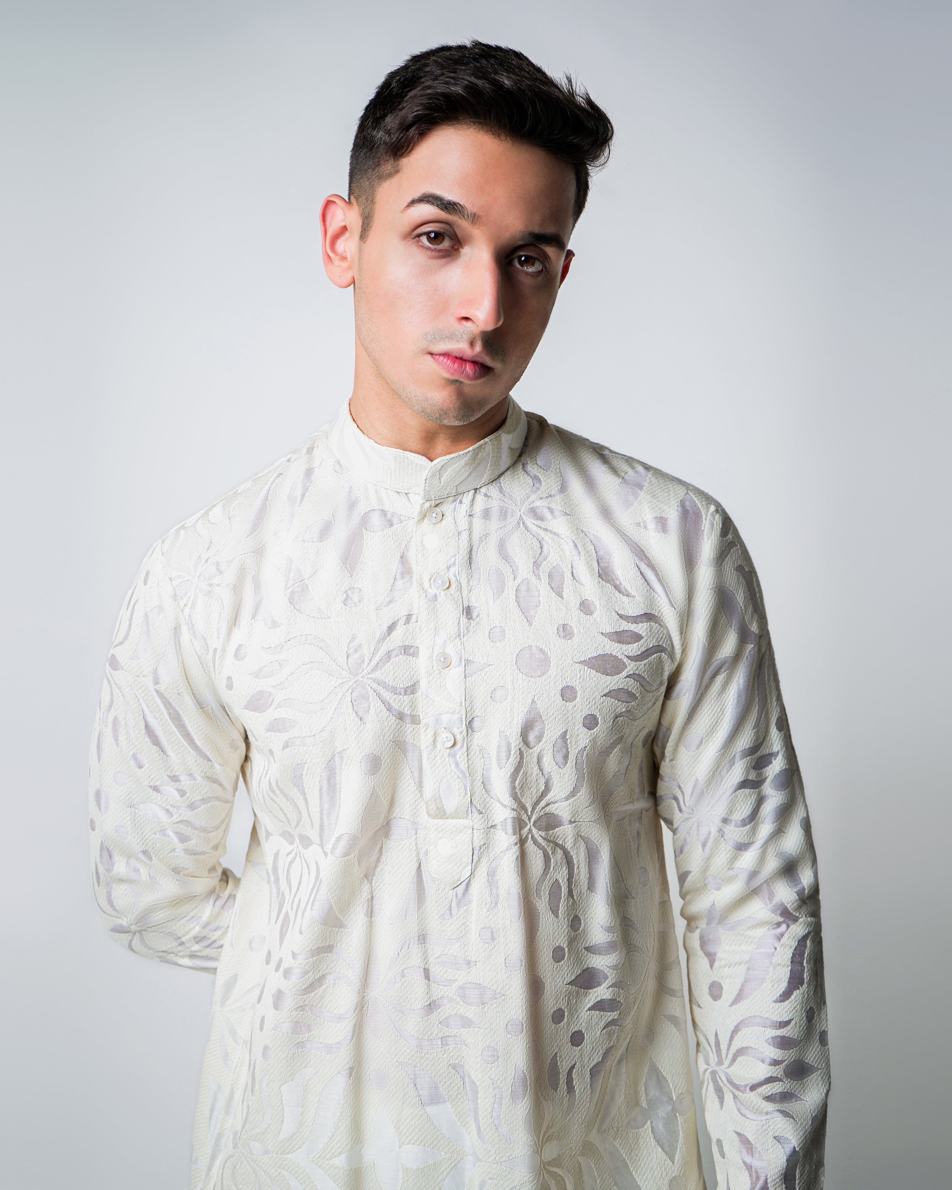 Cream Self Embroidered Silk Kurta Set