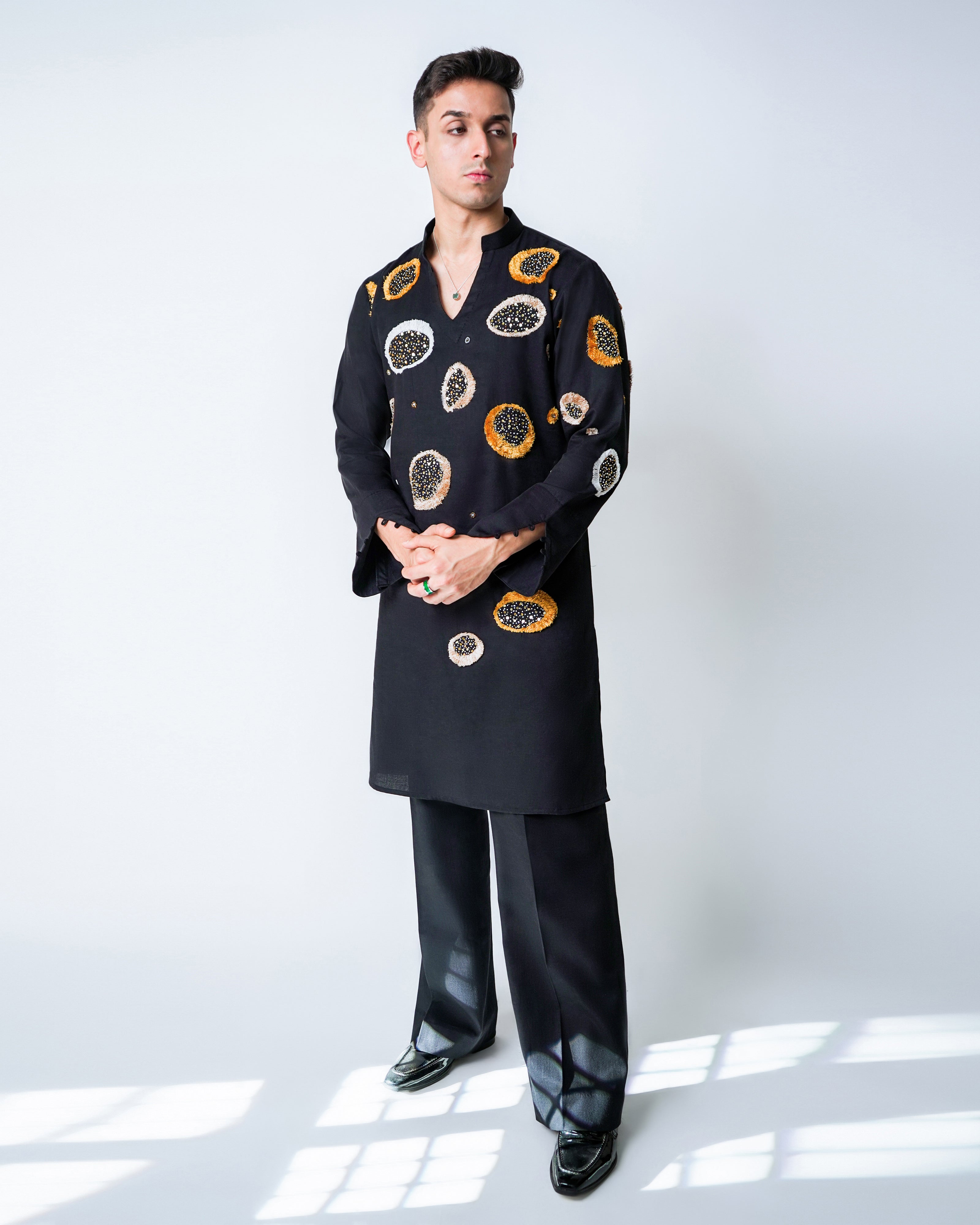 Black Tencel Suction Cup cluster Embroidery Kurta