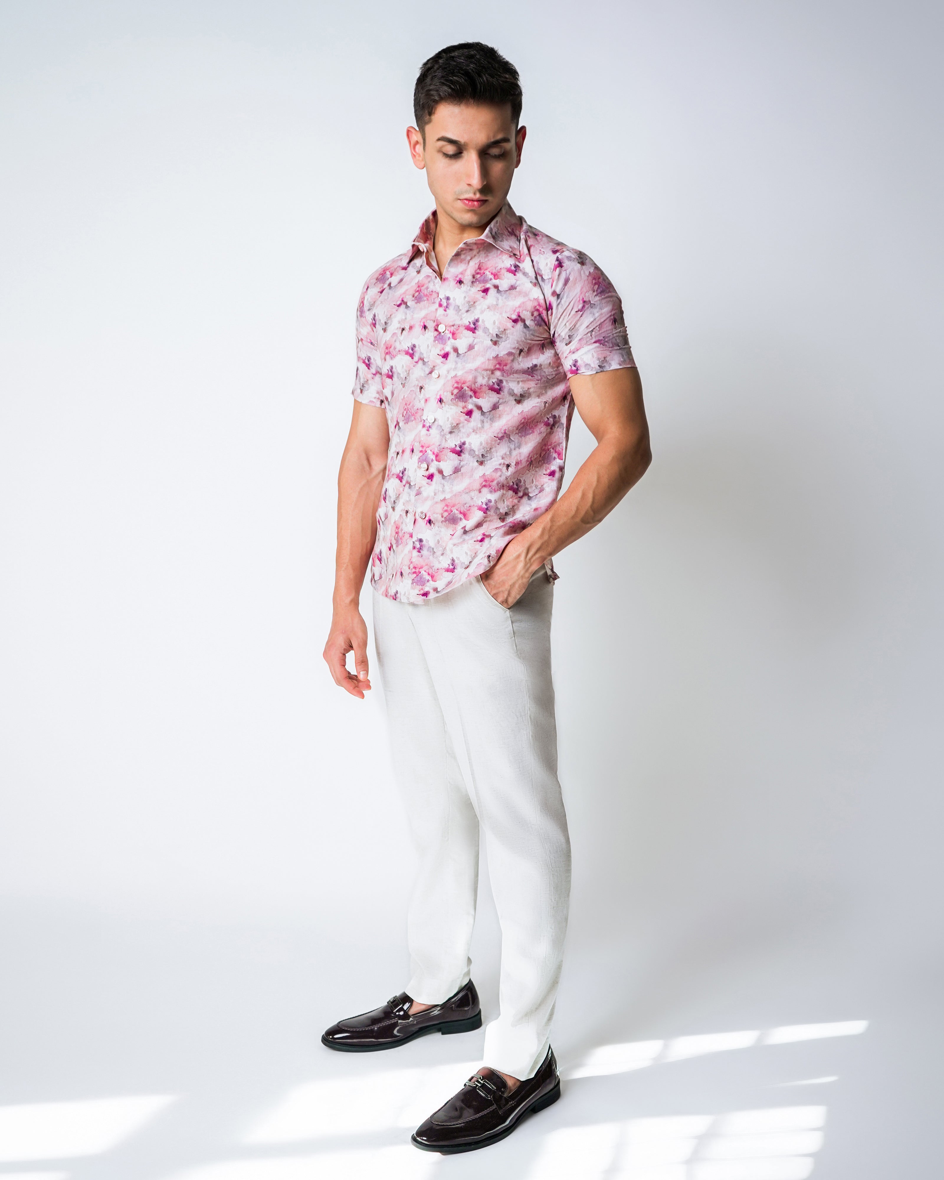 Cream and Pink linen water paint floral printed shirt