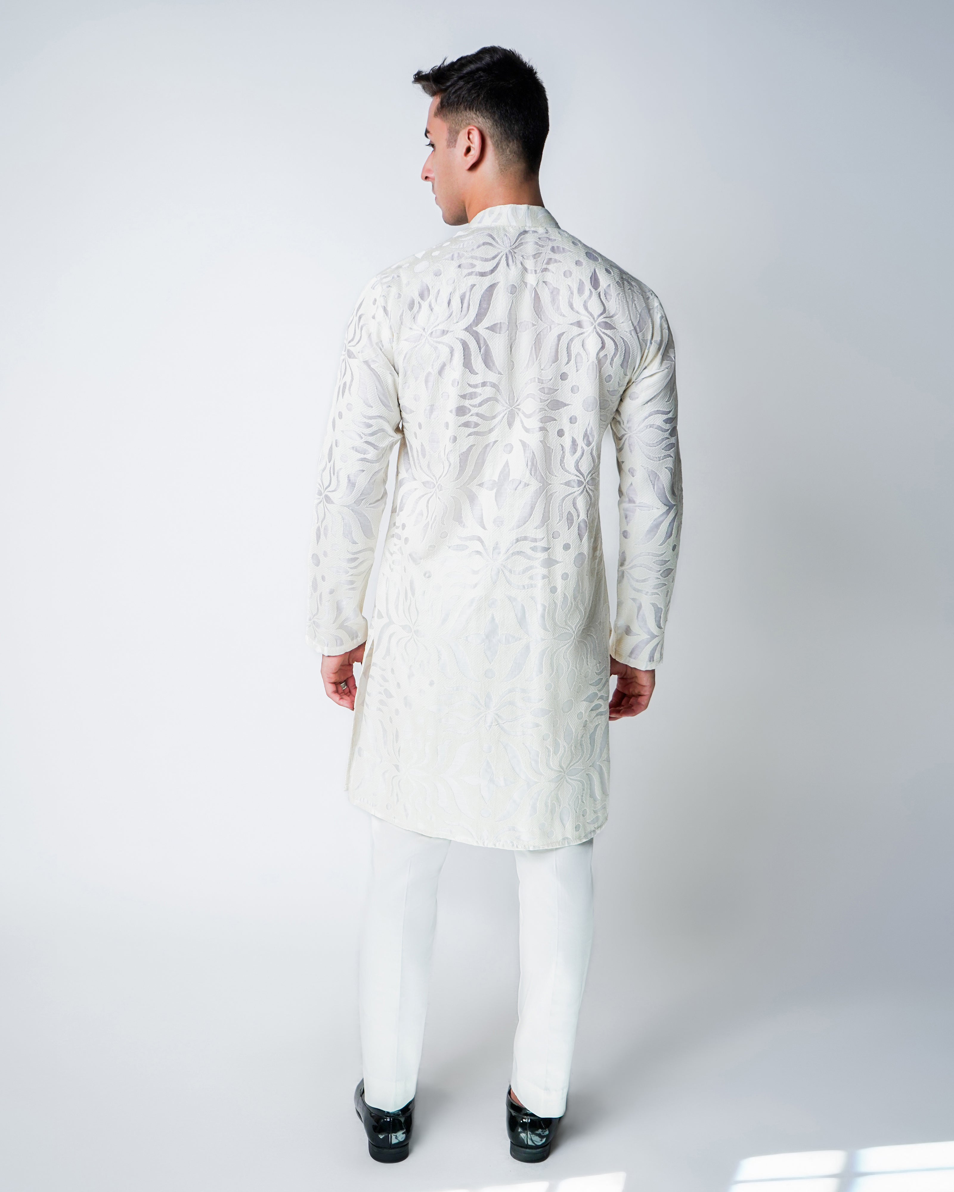 Cream Self Embroidered Silk Kurta Set
