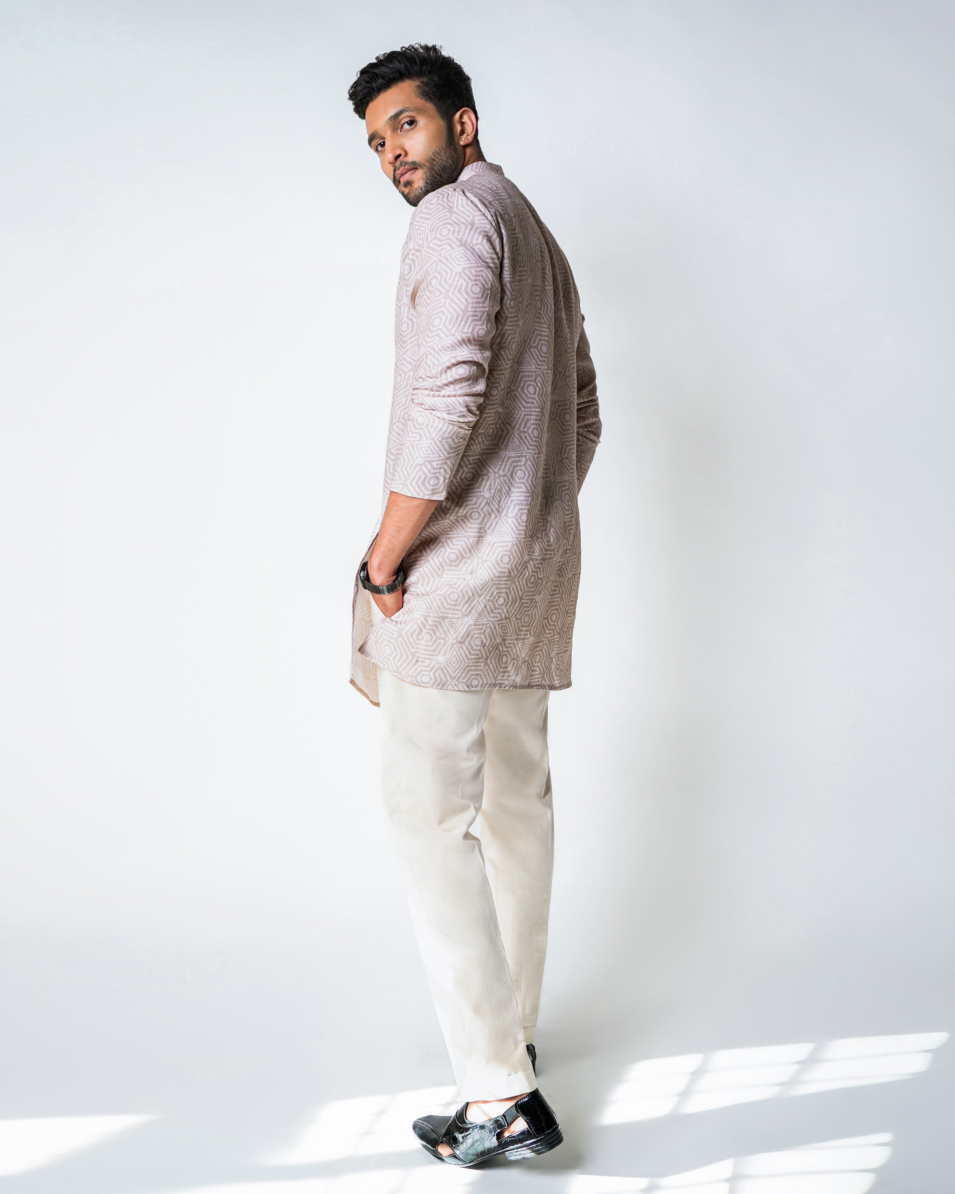 Beige Printed Linen with cotton embroidery kurta set