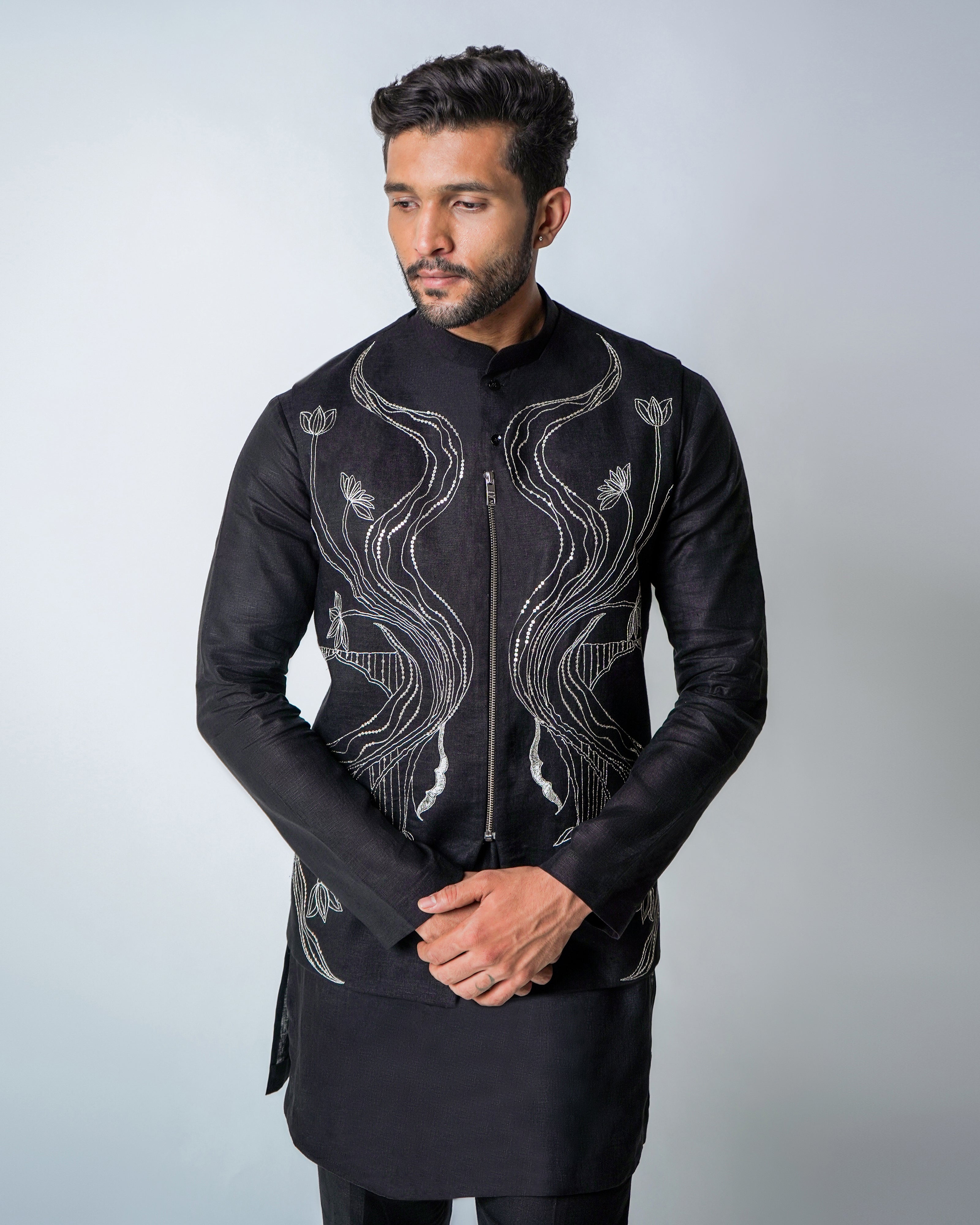 Black Linen Kasab and Metal Disk zipper Handwork bundi set