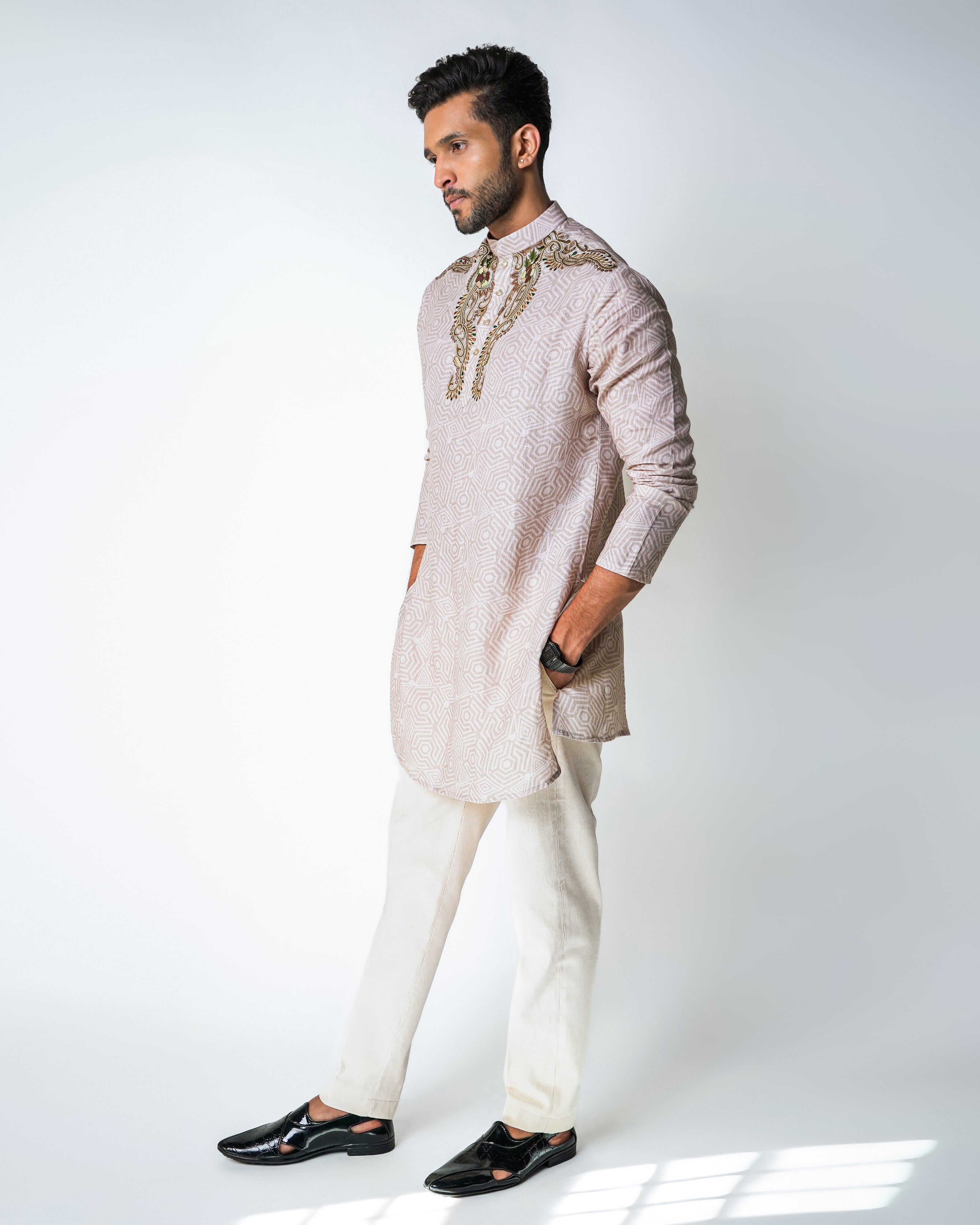 Beige Printed Linen with cotton embroidery kurta set