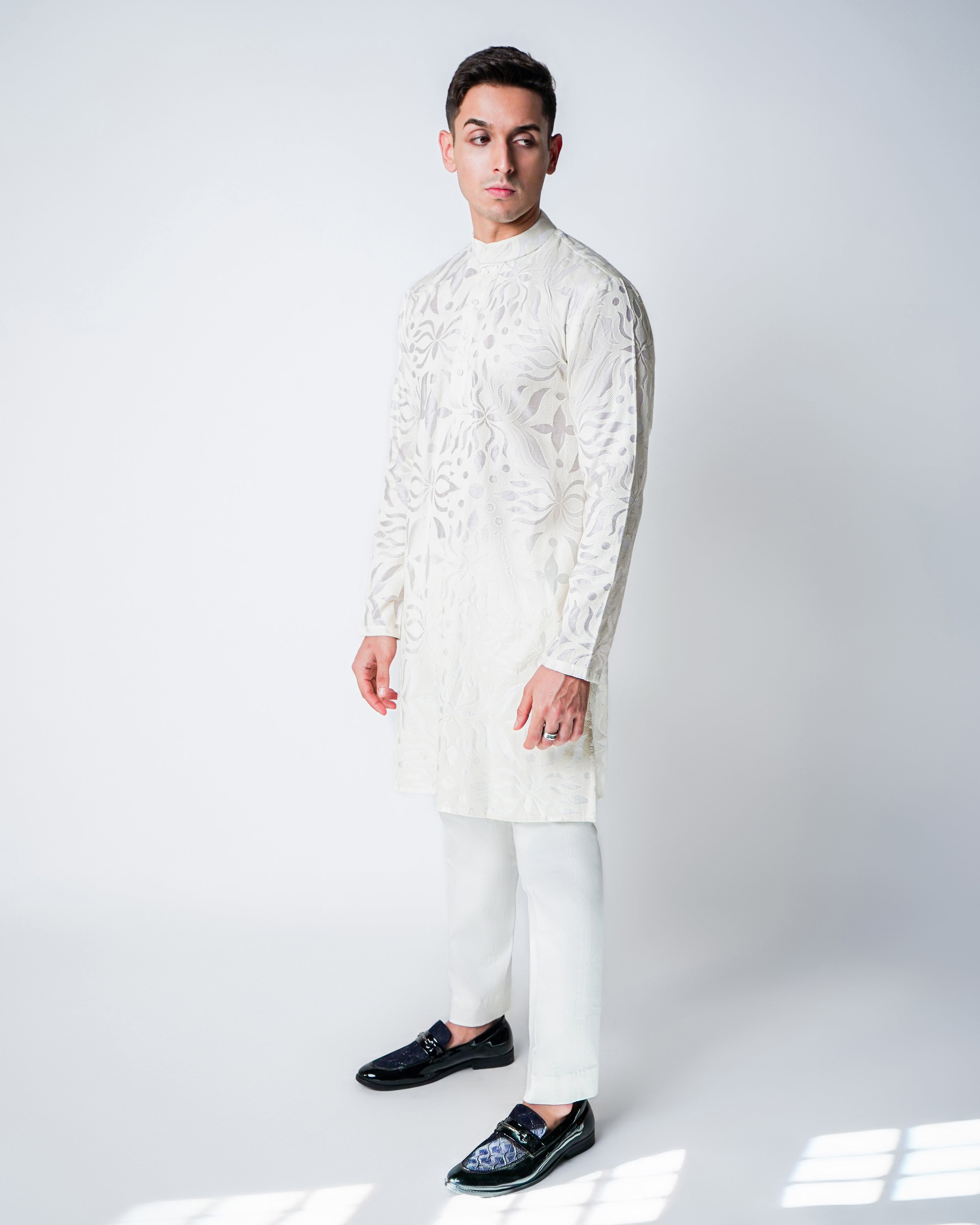 Cream Self Embroidered Silk Kurta Set