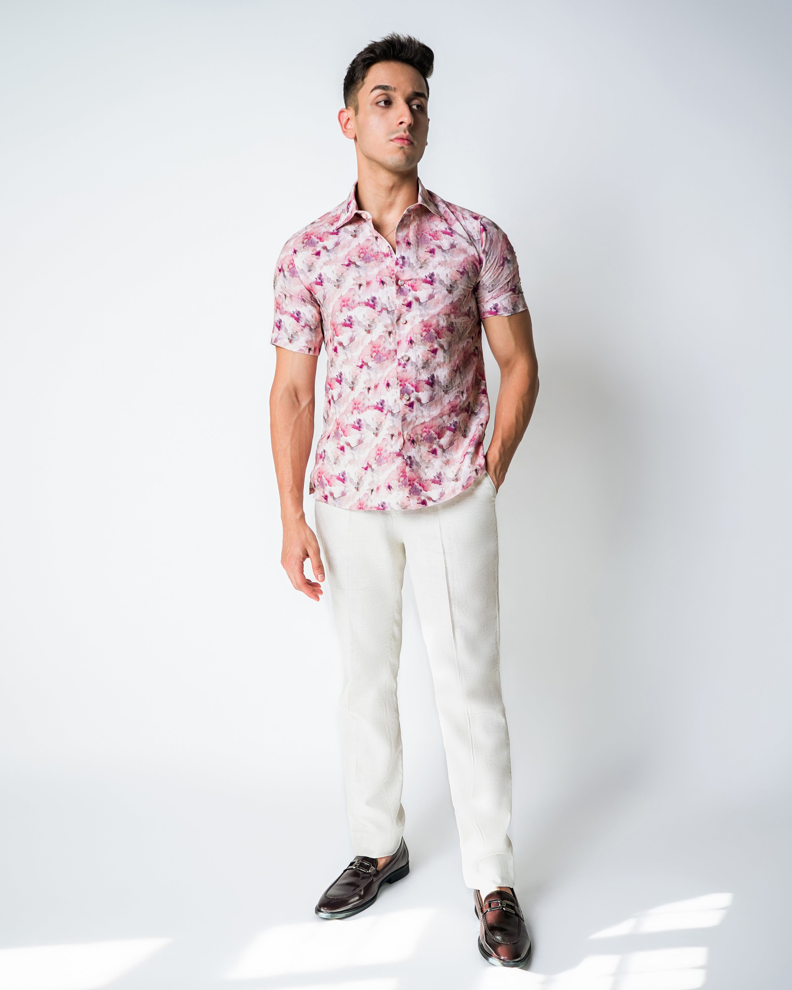 Cream and Pink linen water paint floral printed shirt