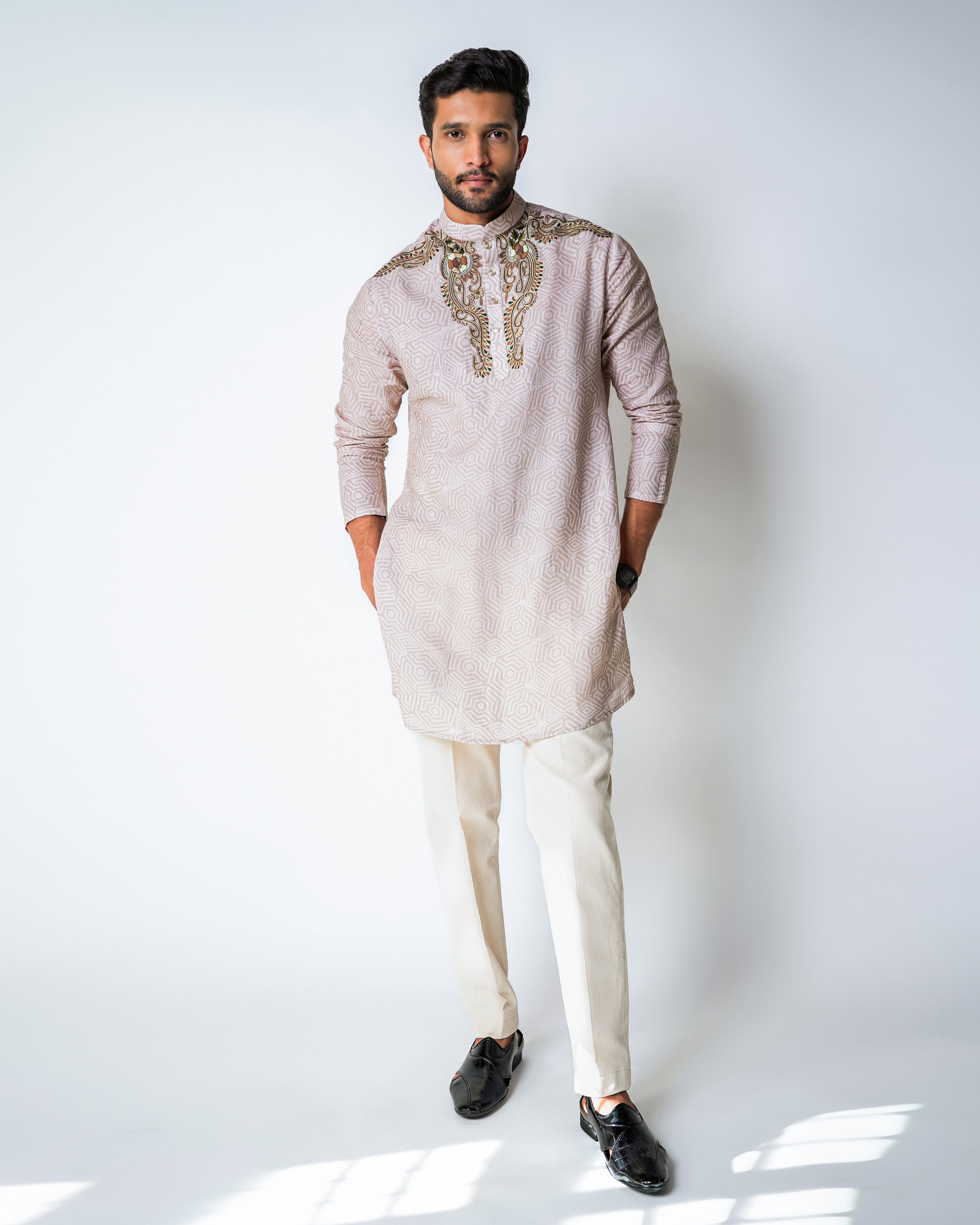 Beige Printed Linen with cotton embroidery kurta set