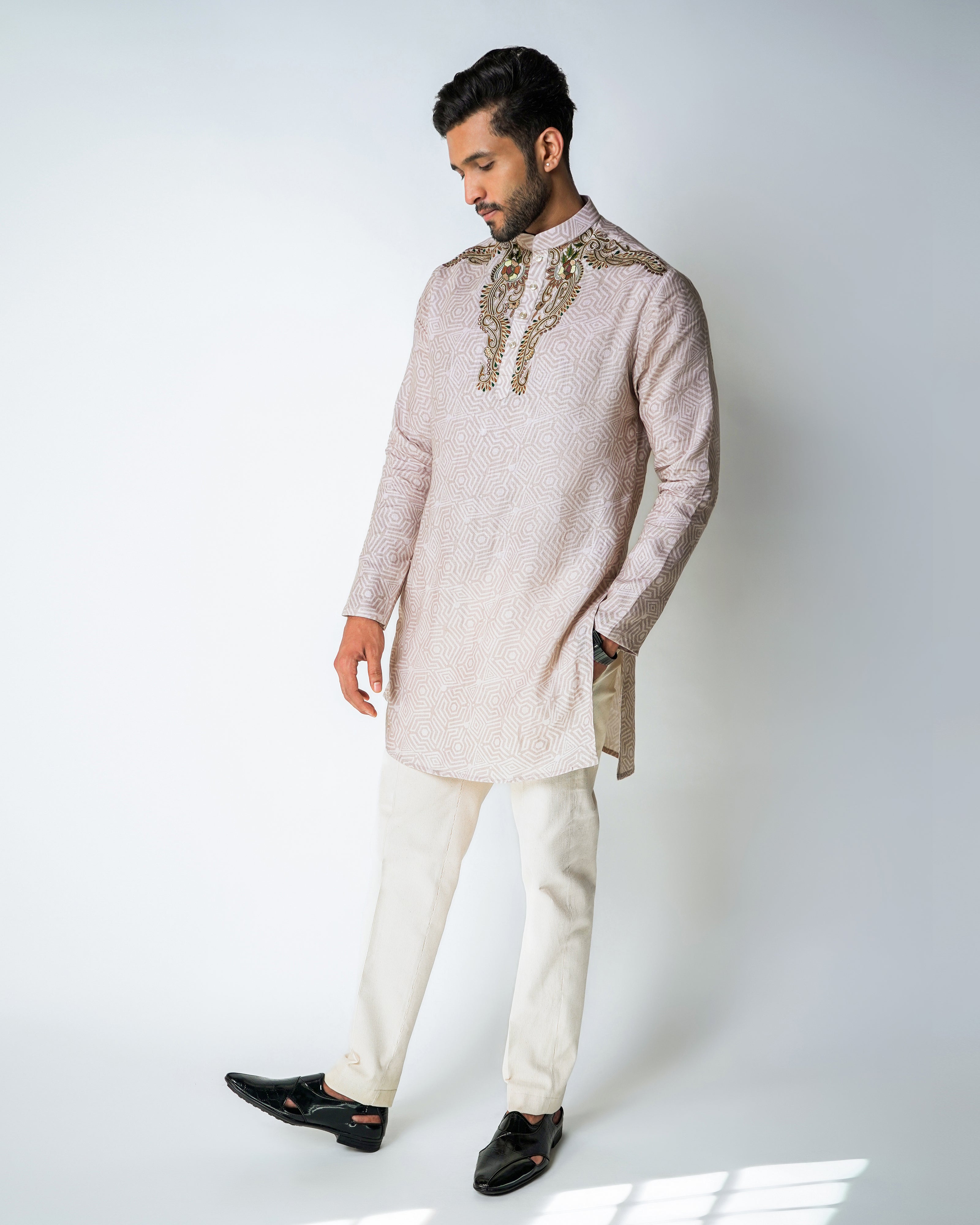 Beige Printed Linen with cotton embroidery kurta set