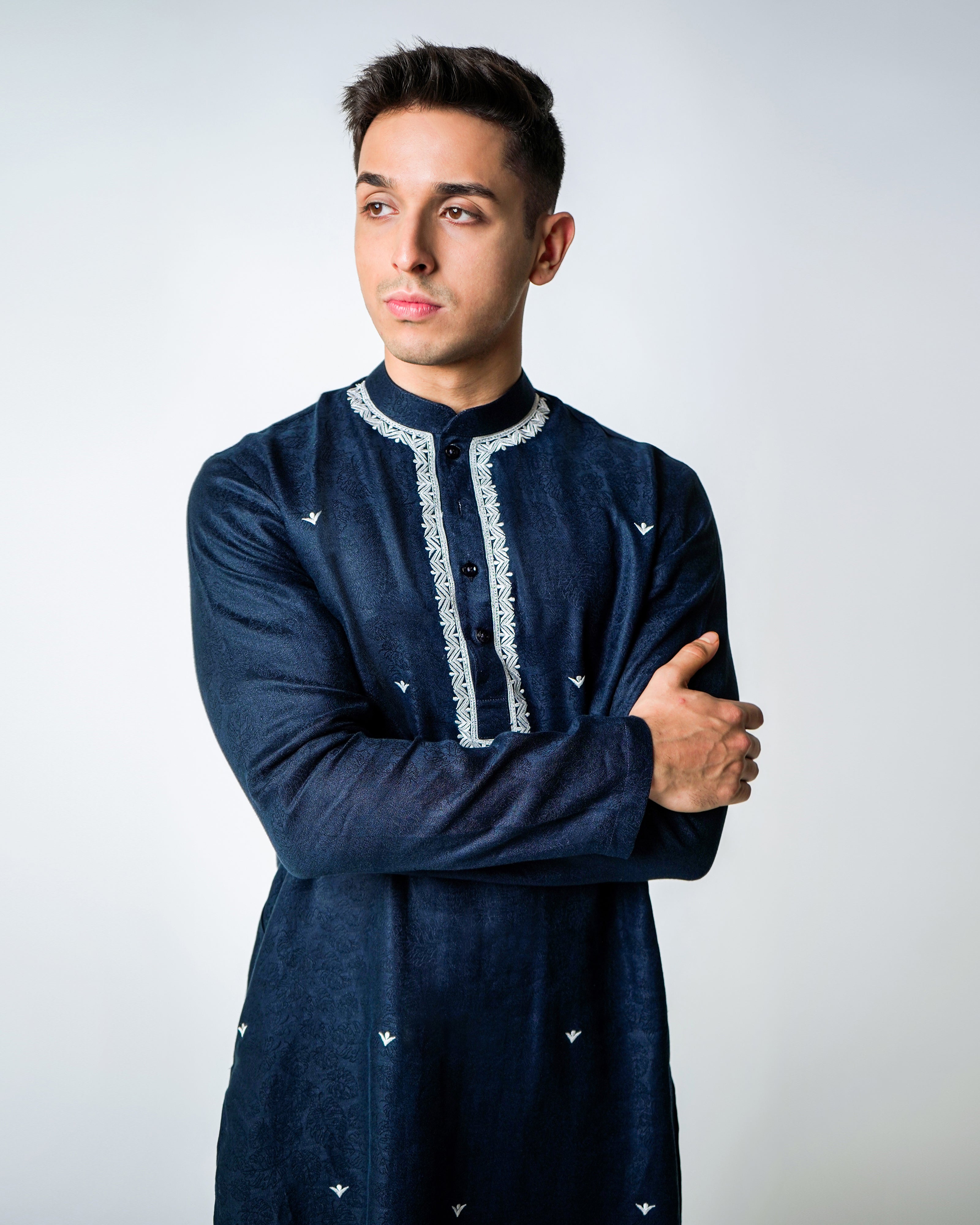 Navy Blue linen with Ivory embroidery kurta set