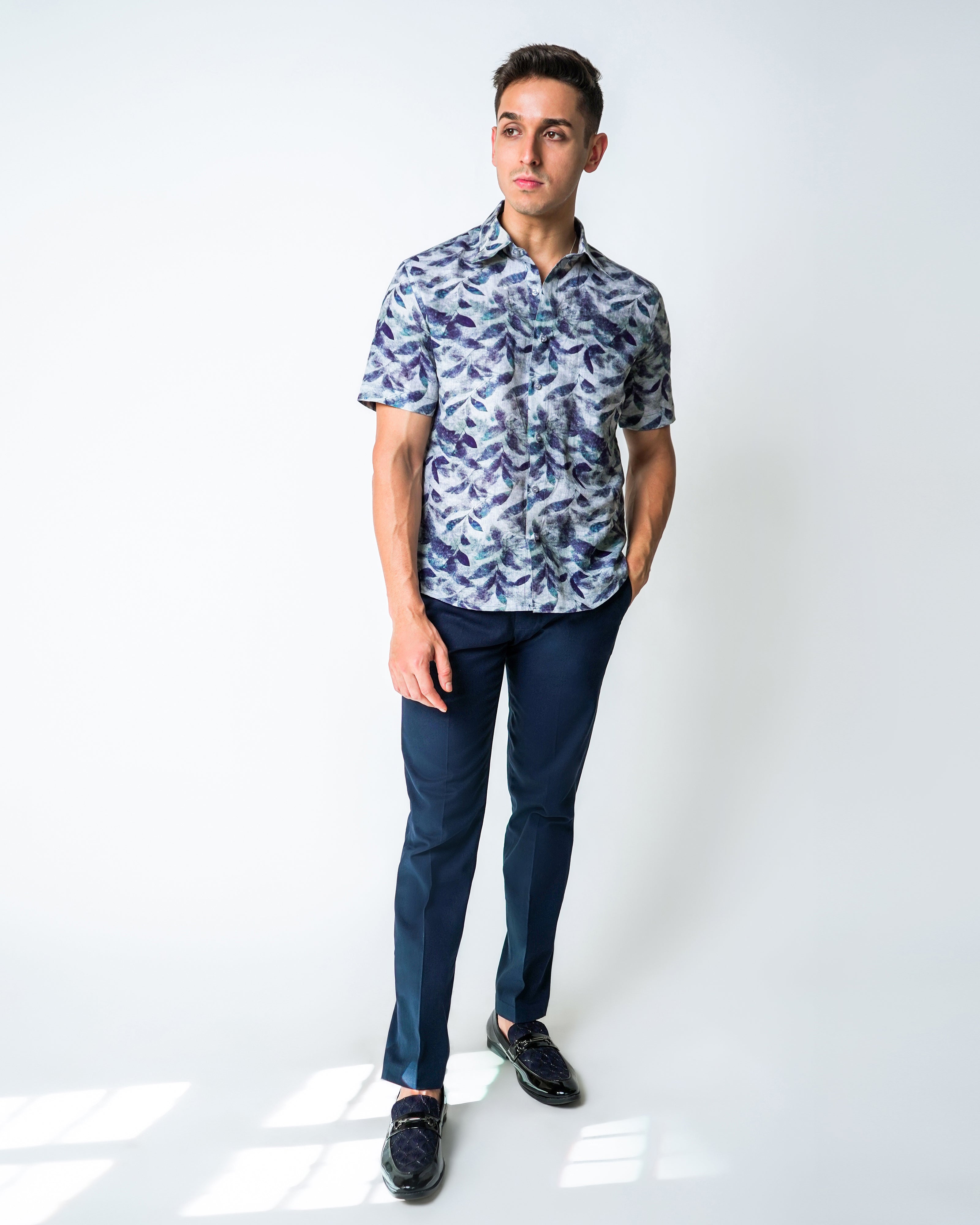 Blue Floral Printed Linen shirt