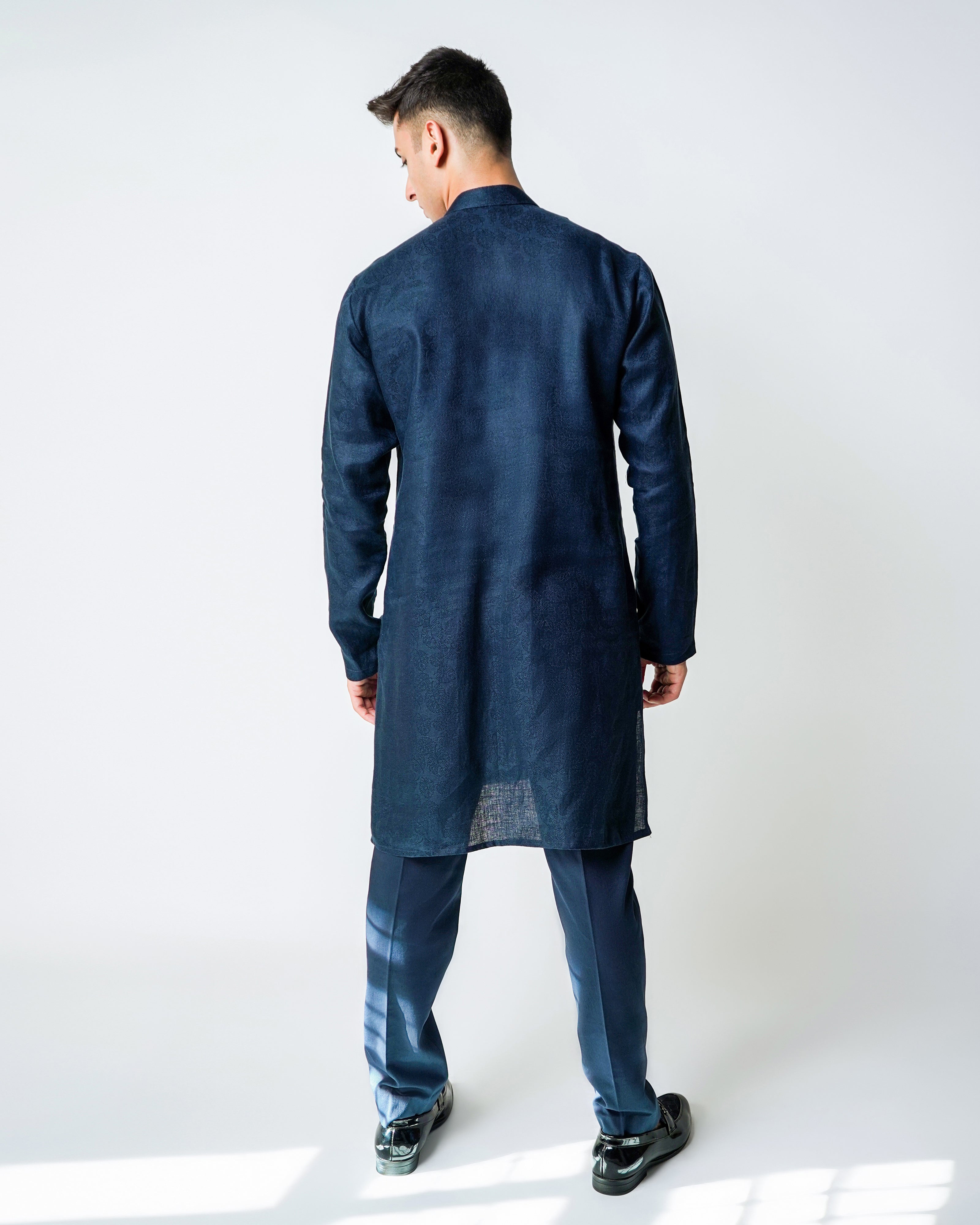 Navy Blue linen with Ivory embroidery kurta set