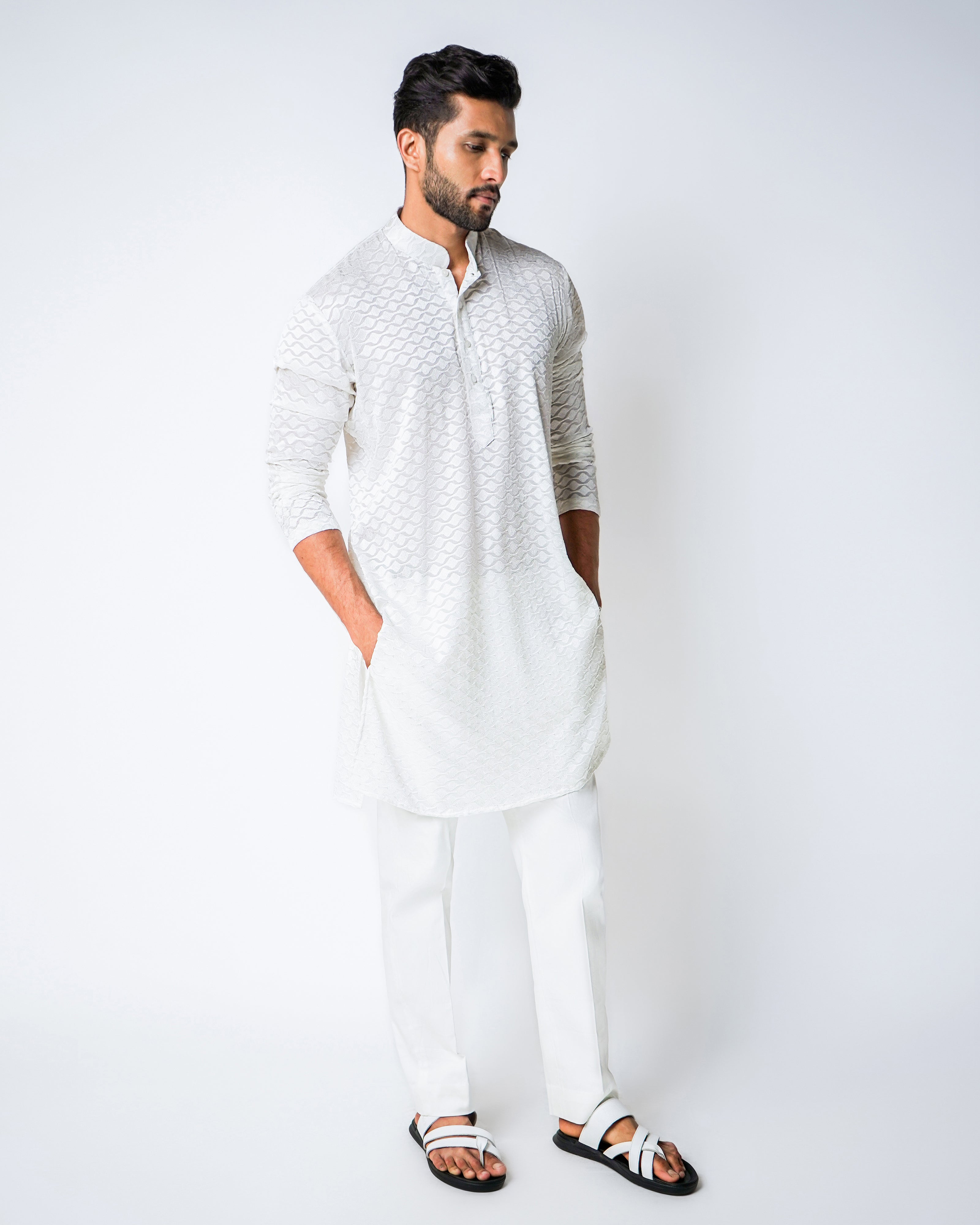 Ivory Repeat Geometric Self Embroidered Silk Kurta Set