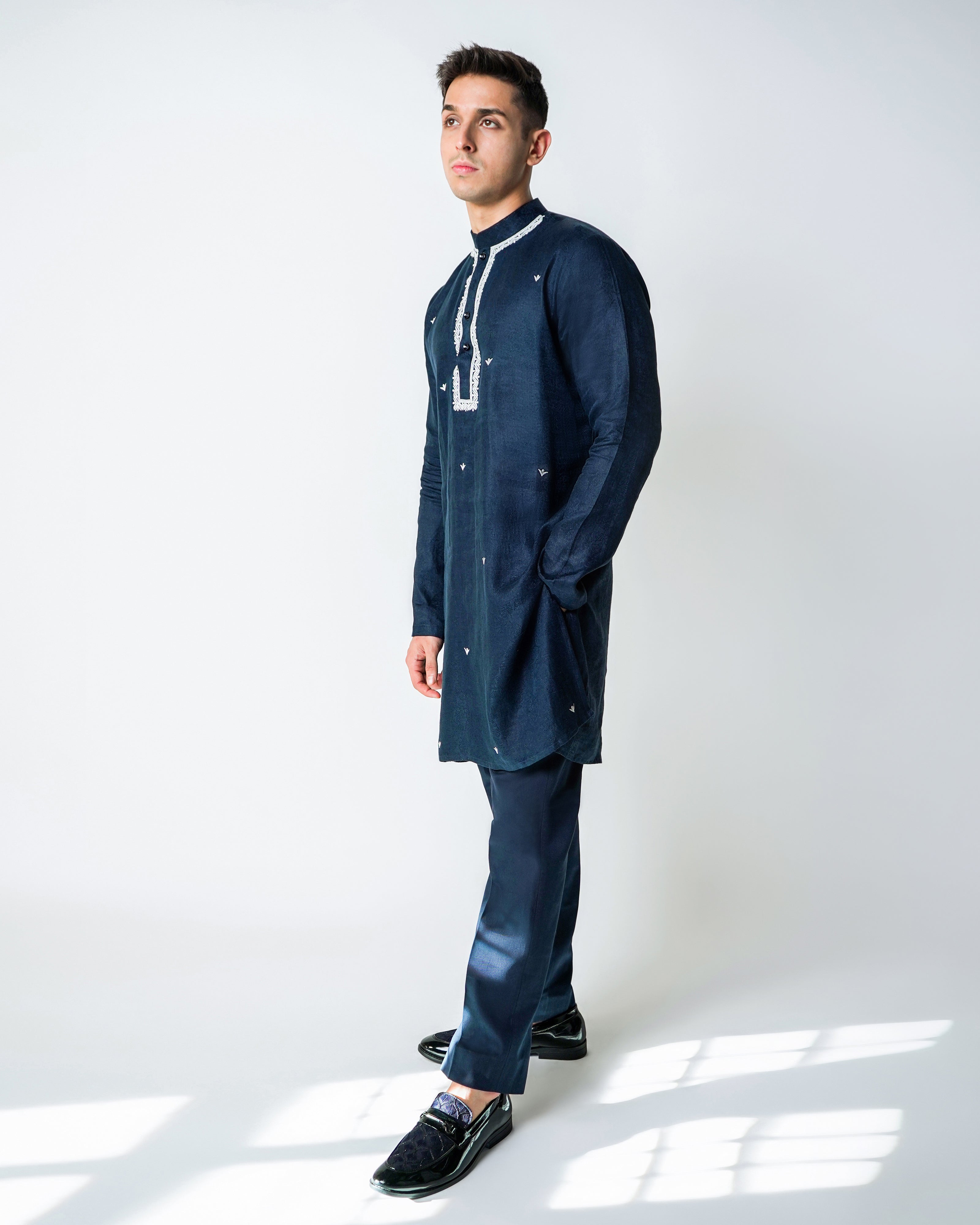 Navy Blue linen with Ivory embroidery kurta set