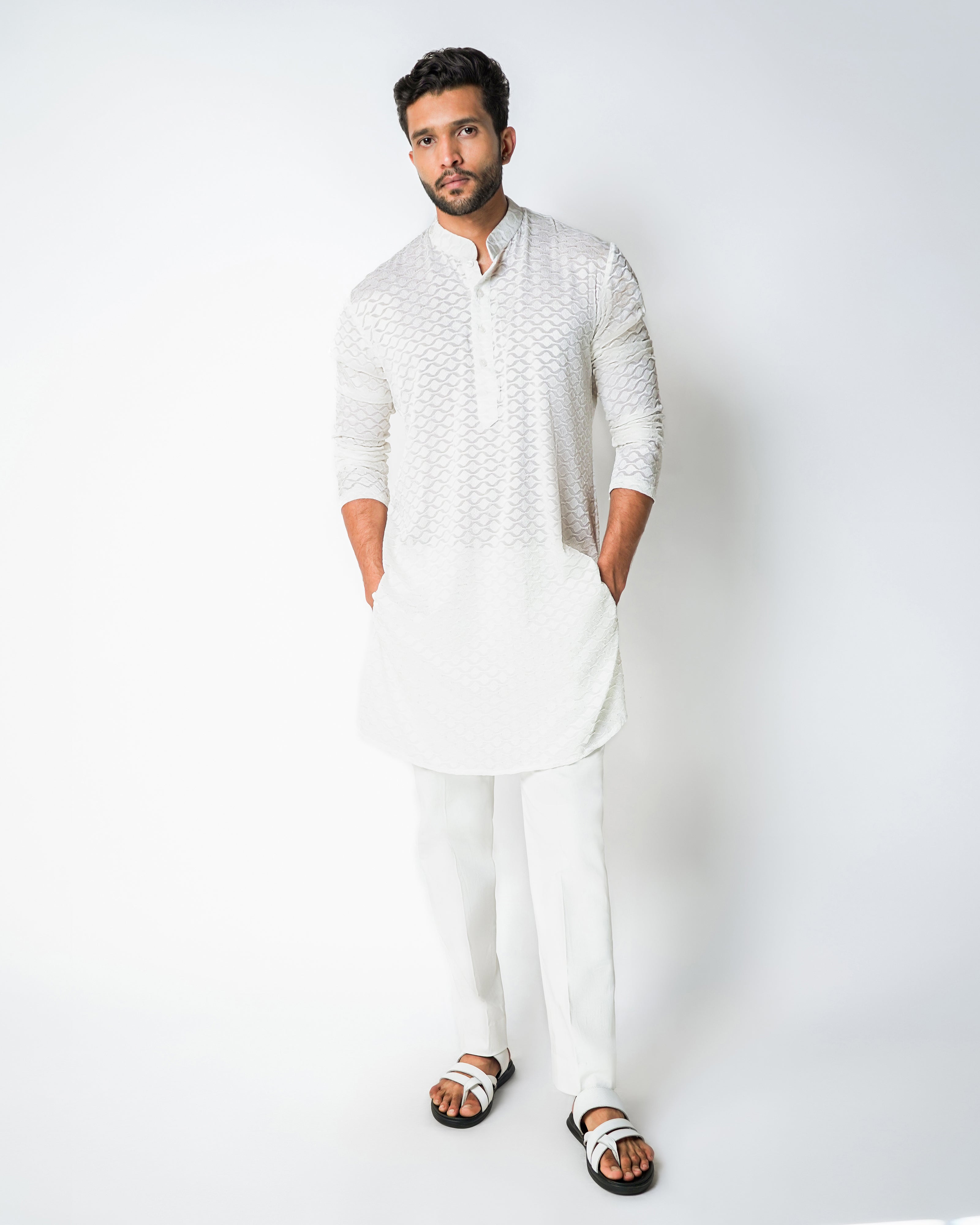 Ivory Repeat Geometric Self Embroidered Silk Kurta Set