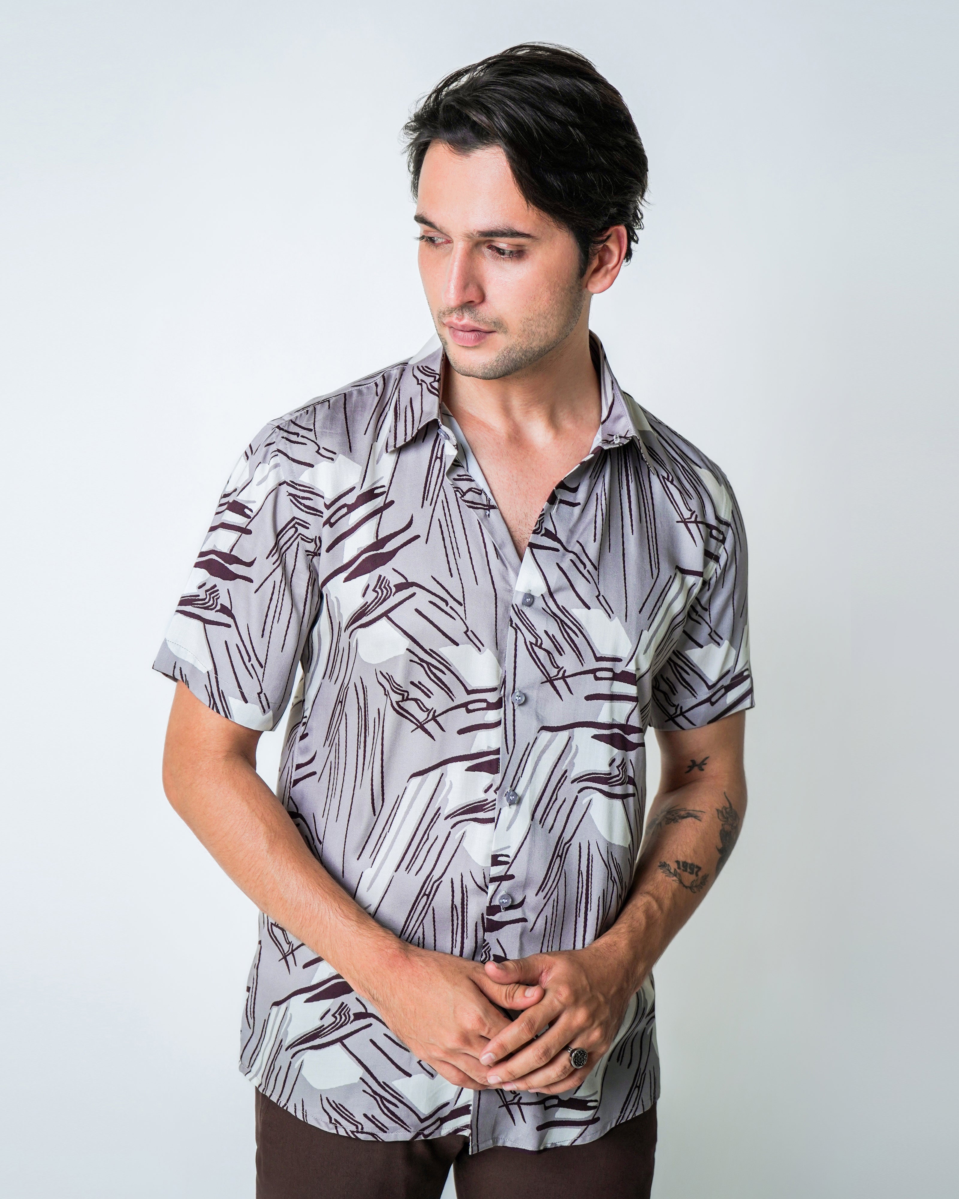 Brown and cream tencel printed shirt