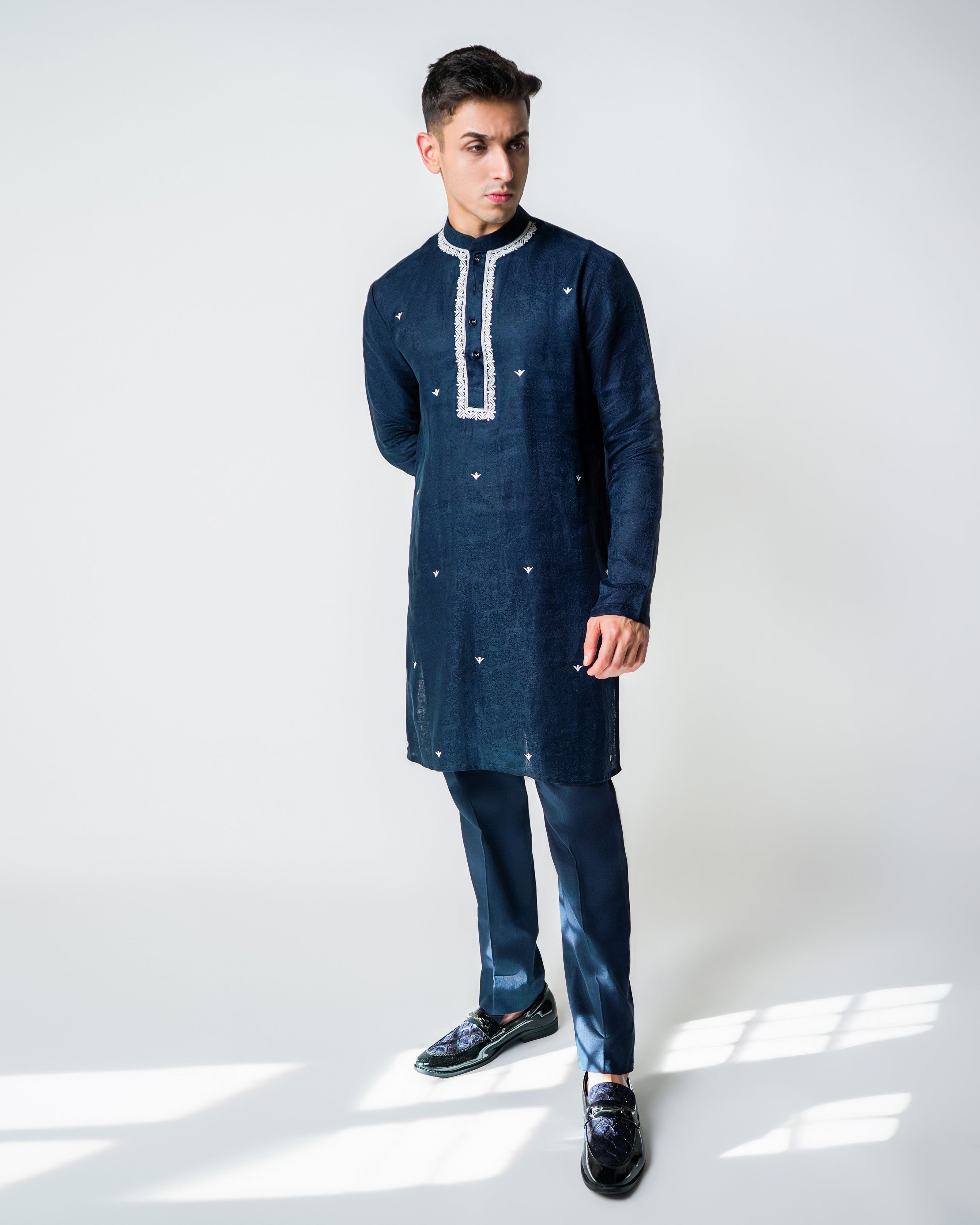 Navy Blue linen with Ivory embroidery kurta set