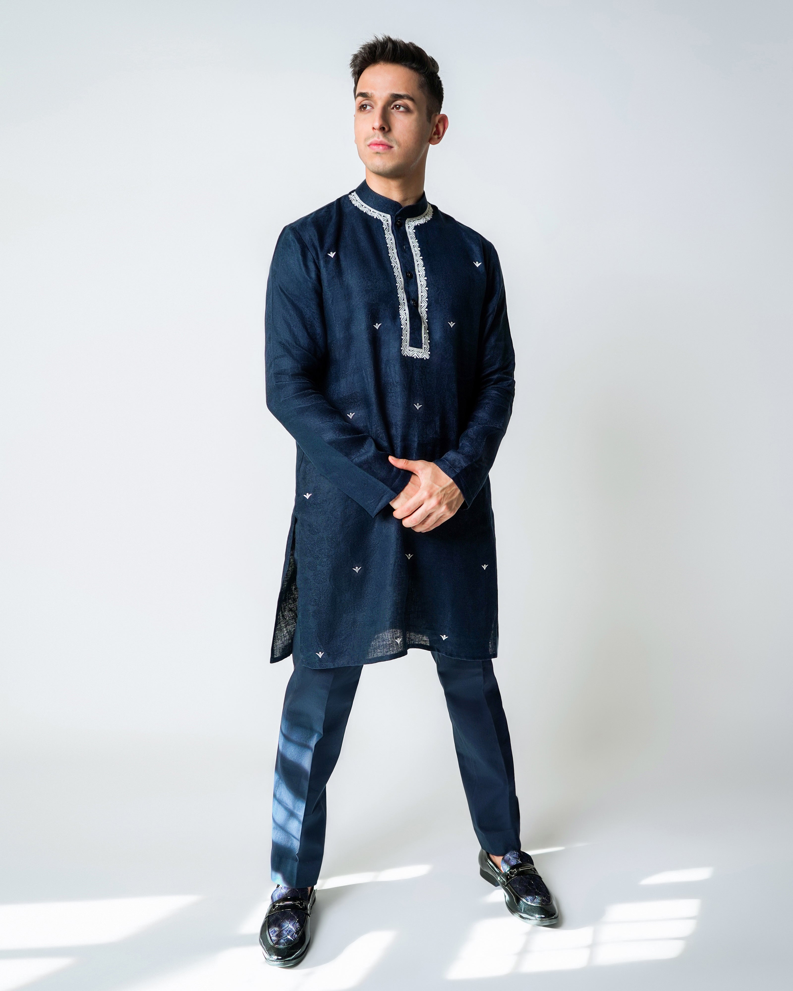 Navy Blue linen with Ivory embroidery kurta set