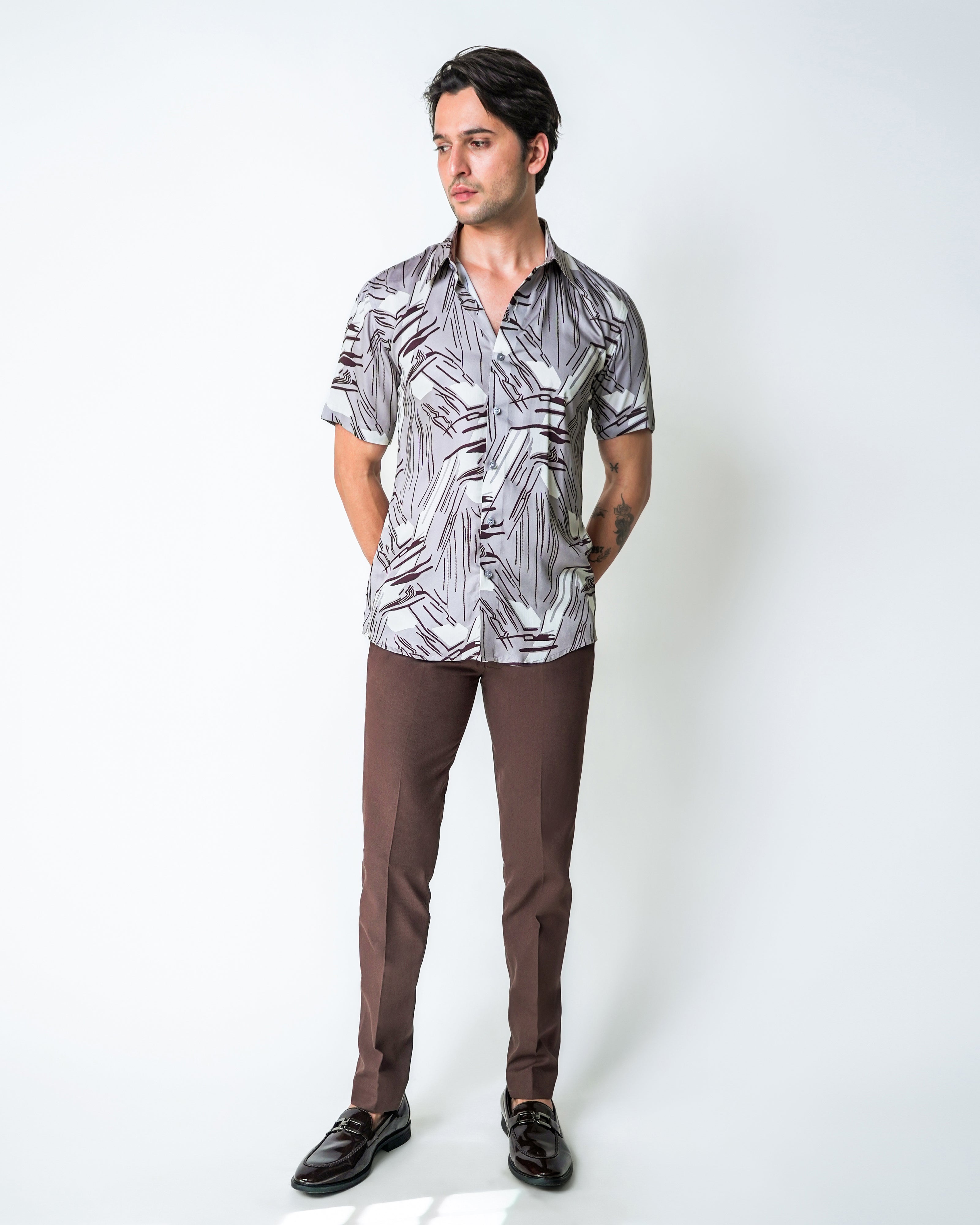 Brown and cream tencel printed shirt