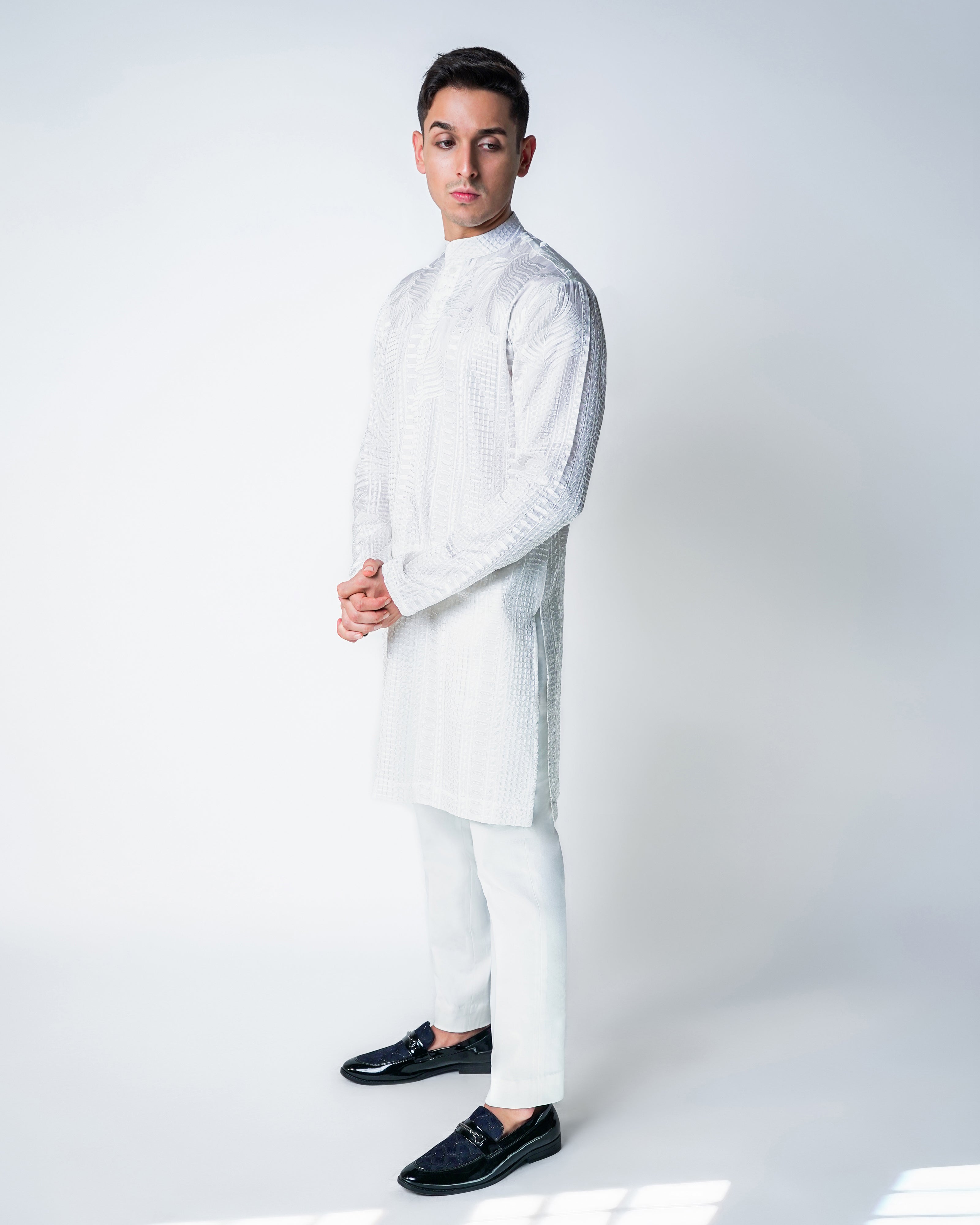Ivory Frangipani Self Embroidered Silk Kurta Set