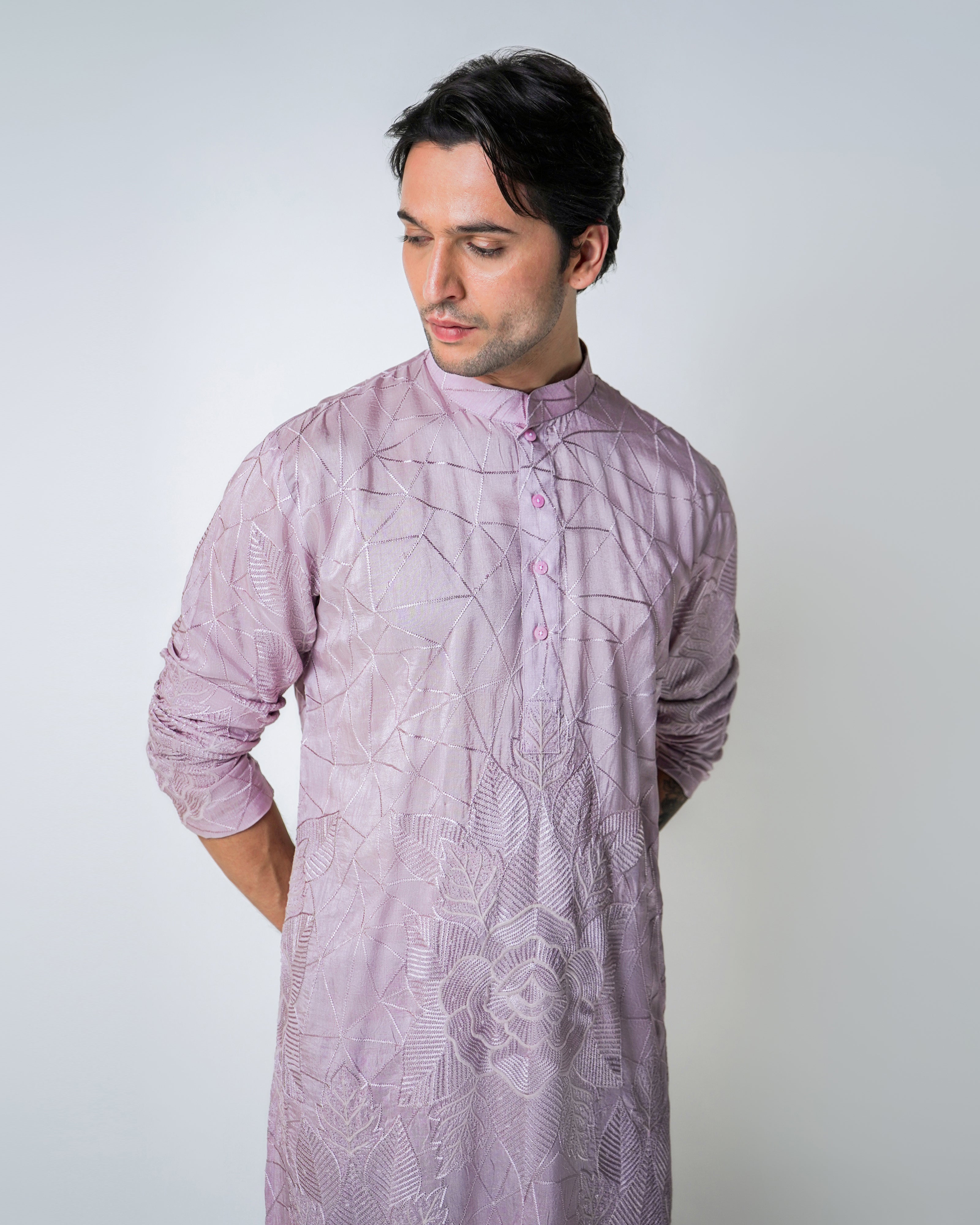 Lilac Abstract Gemotric Floral Self Embroidered stones Silk Kurta Set