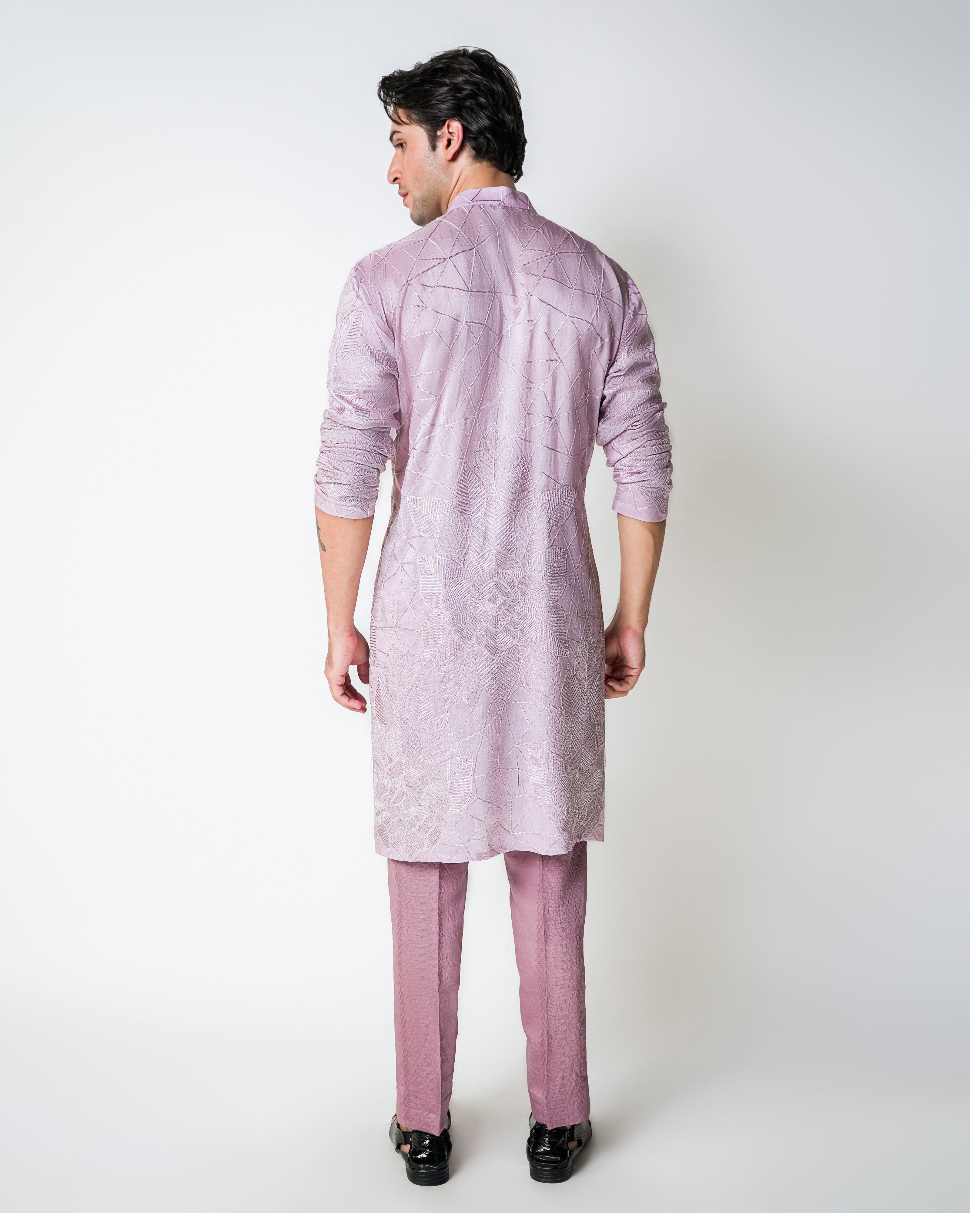 Lilac Abstract Gemotric Floral Self Embroidered stones Silk Kurta Set