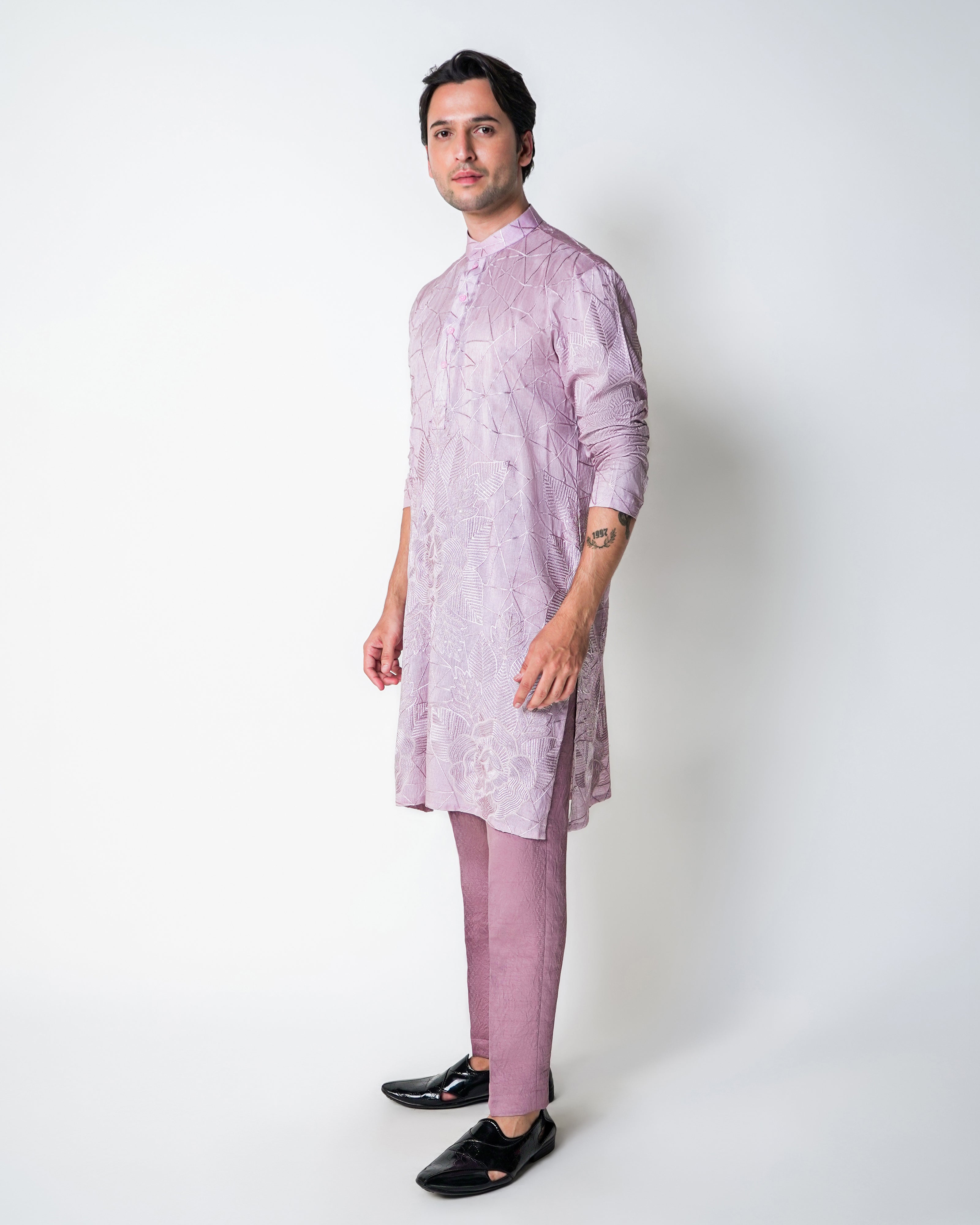 Lilac Abstract Gemotric Floral Self Embroidered stones Silk Kurta Set