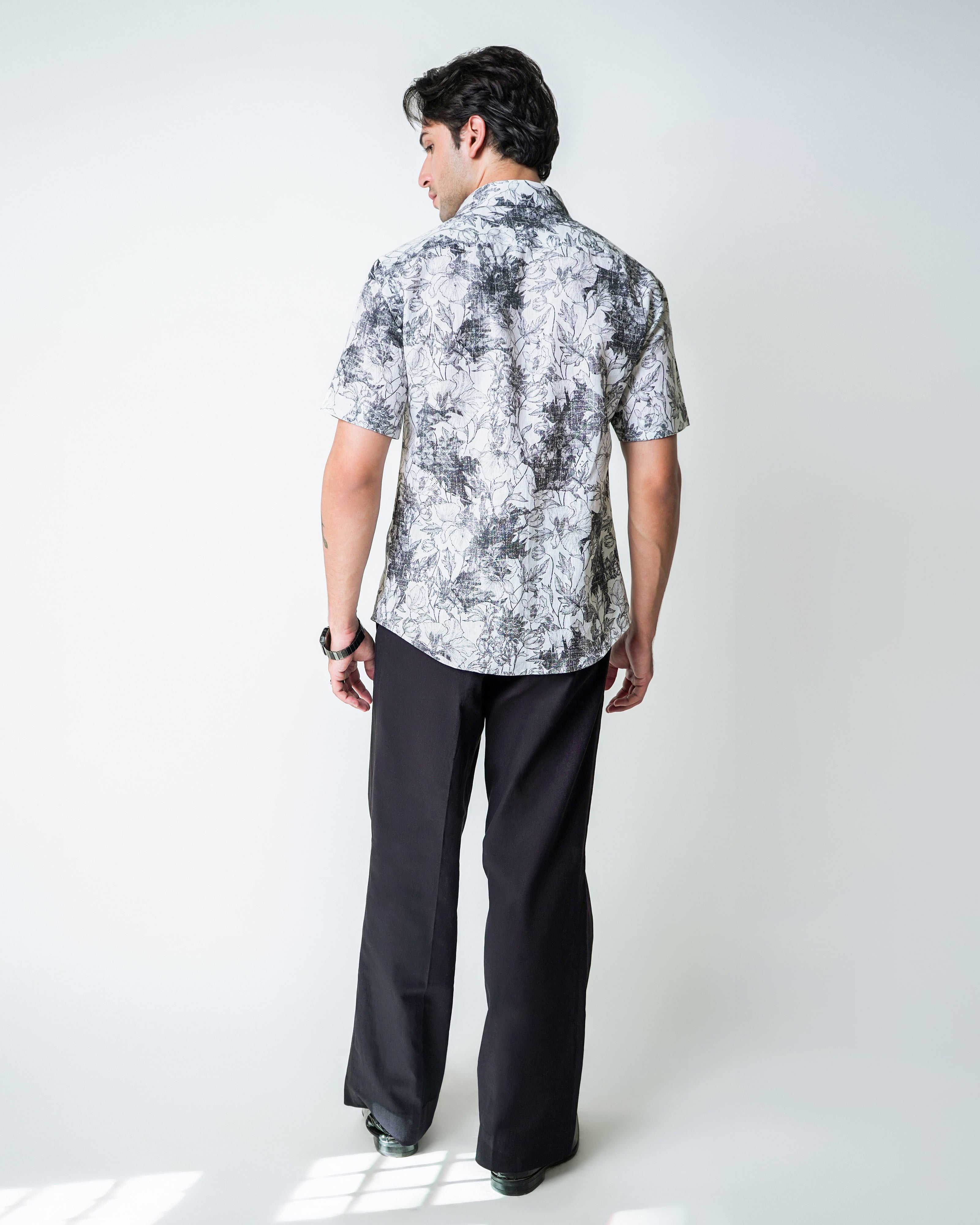 White and Black linen Floral Printed shirt