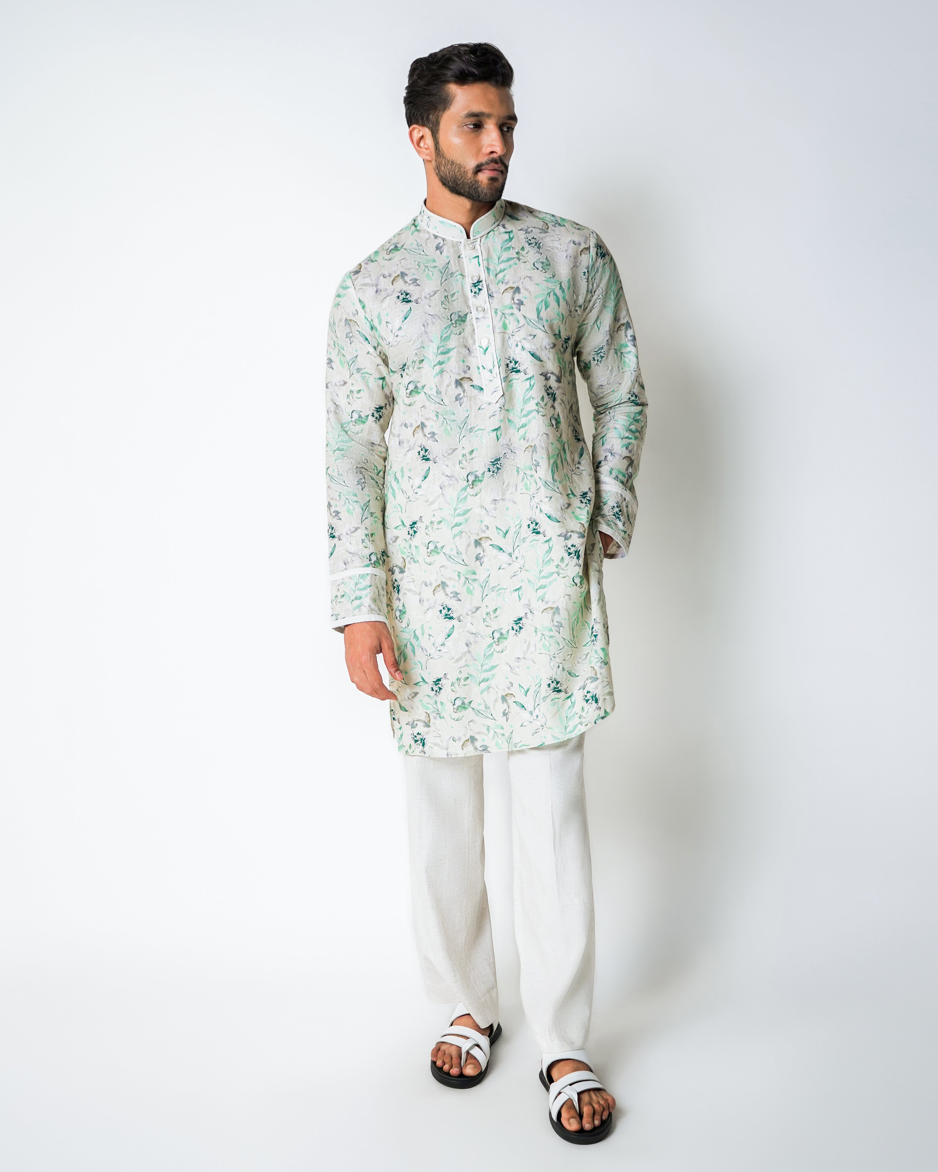 Light green Linen floral printed kurta set