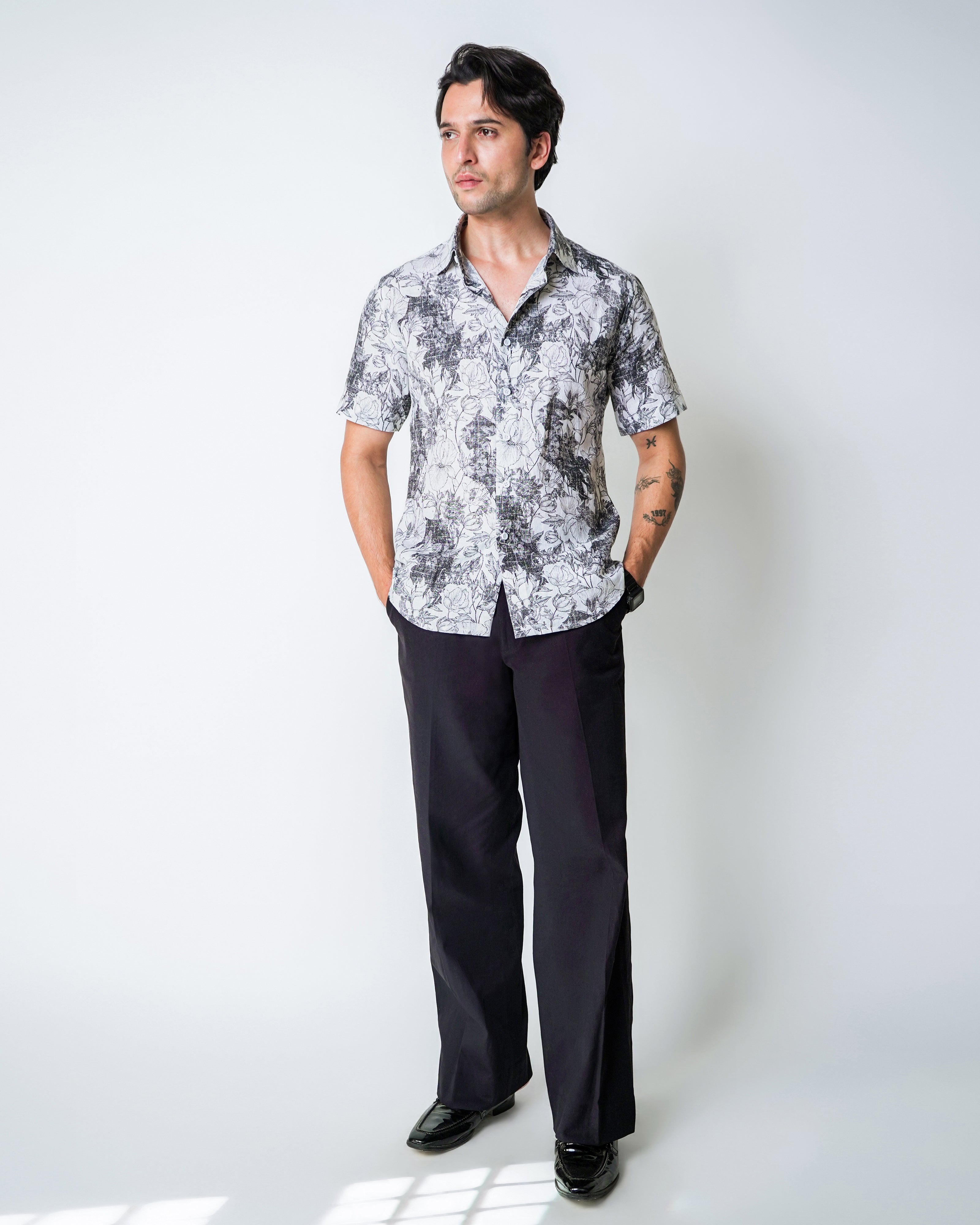 White and Black linen Floral Printed shirt