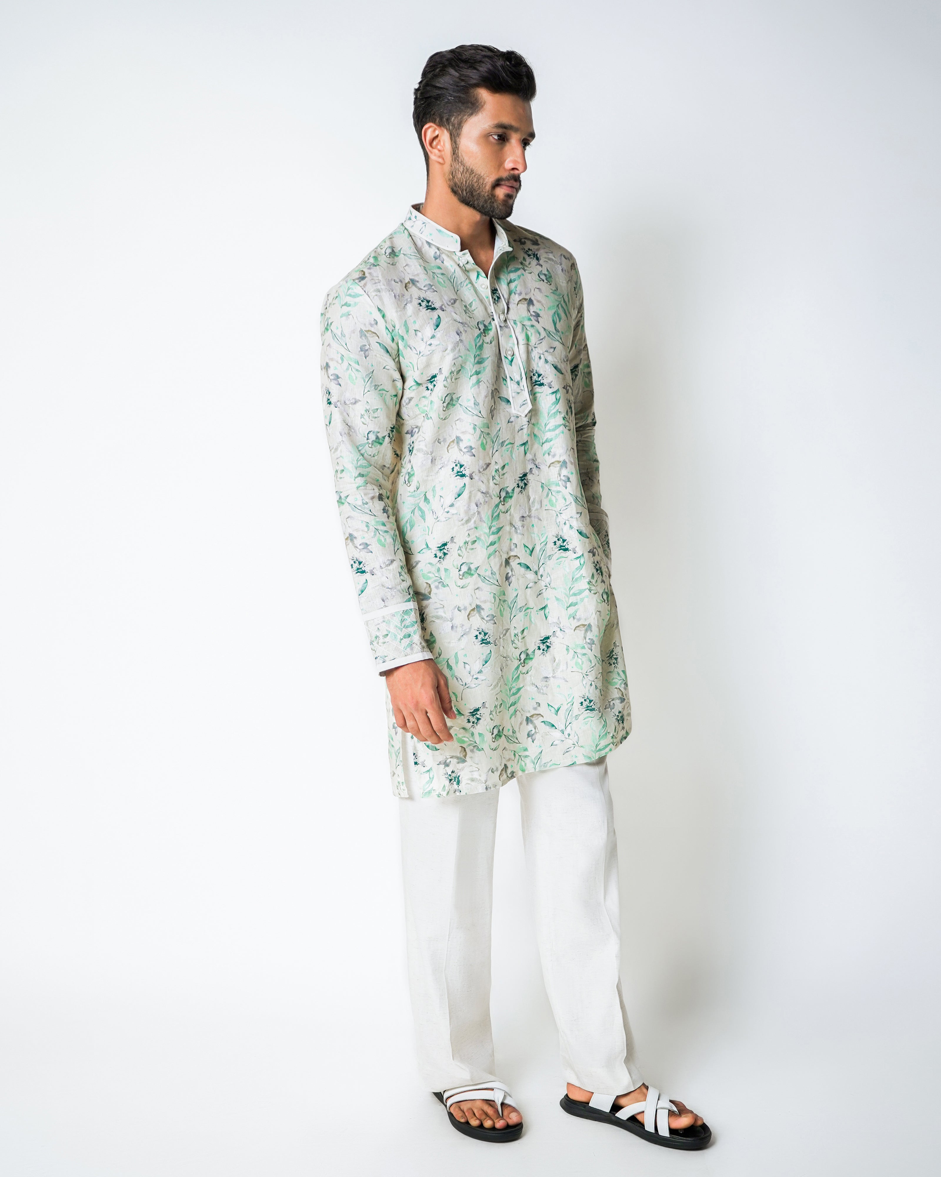 Light green Linen floral printed kurta set