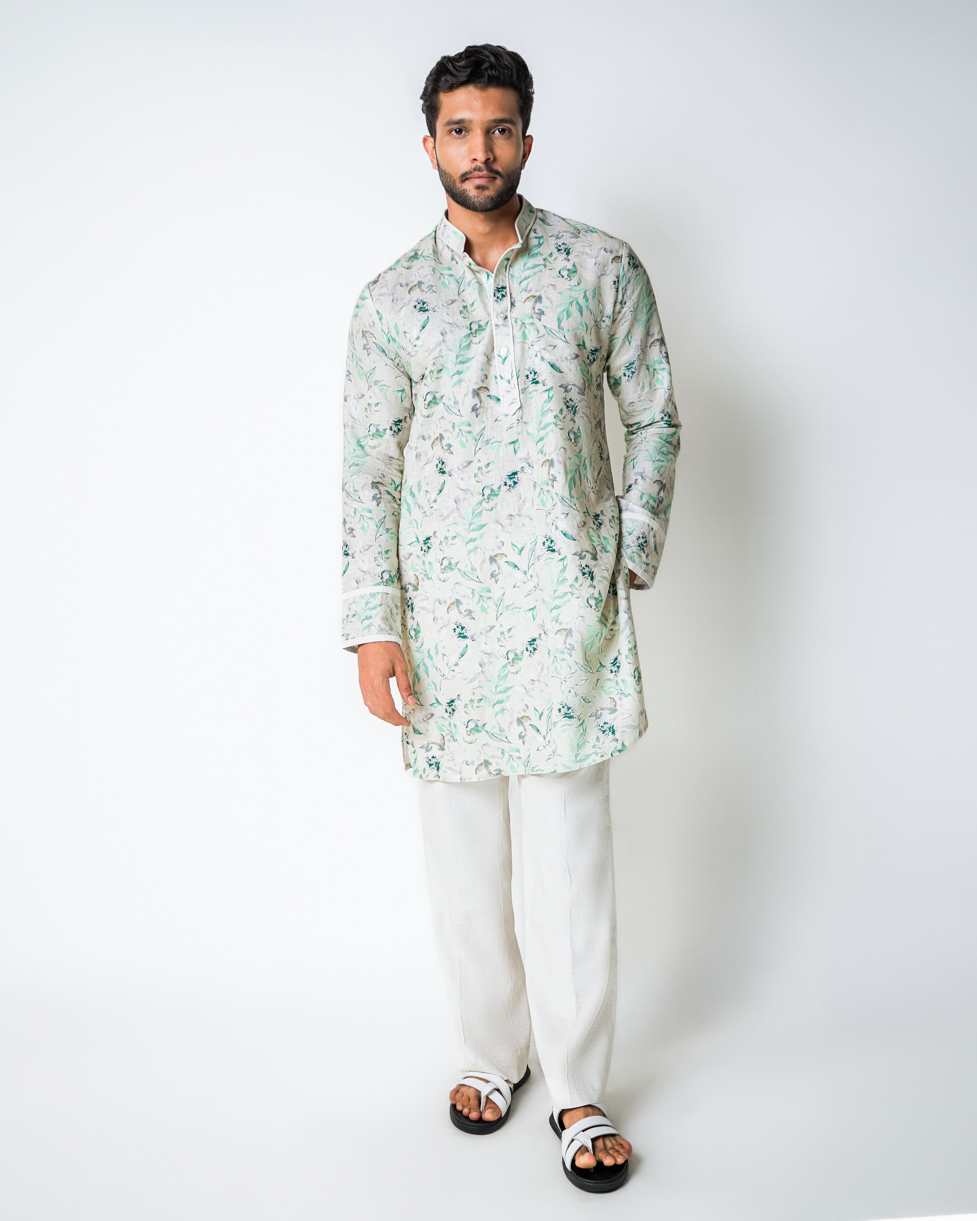 Light green Linen floral printed kurta set