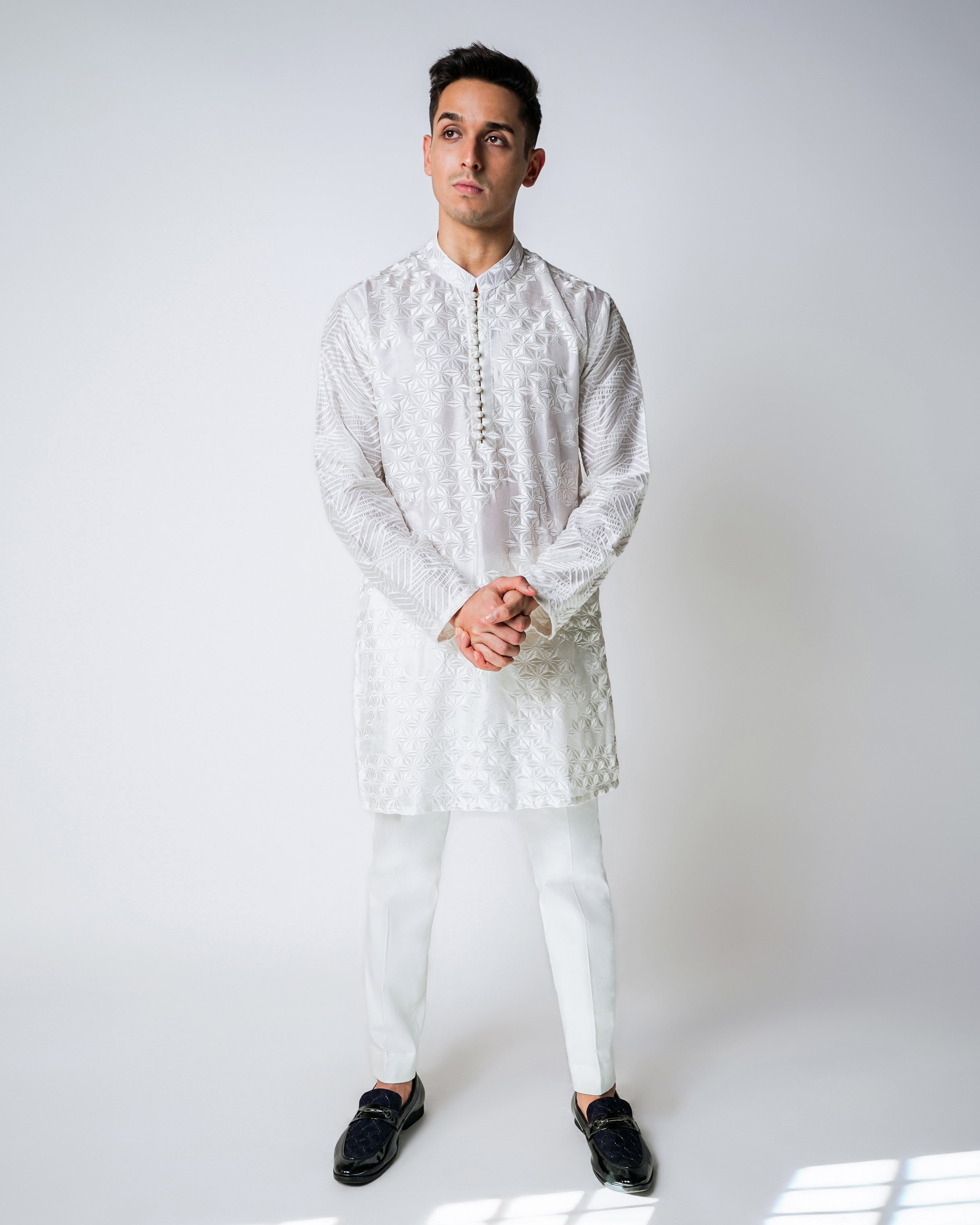 Assymetric Geometric White cotton silk kurta