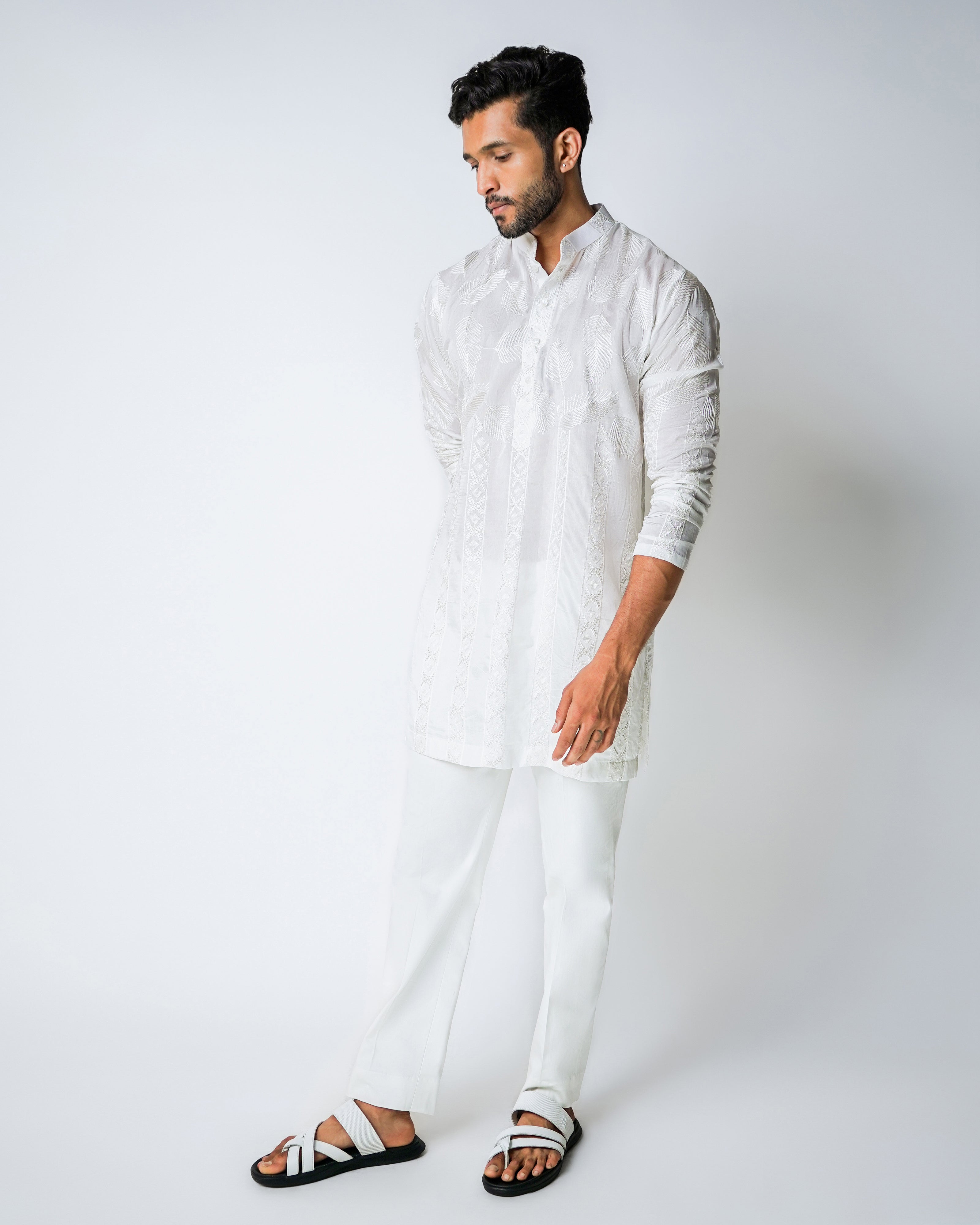 Reverse Floral Showers - White cotton silk kurta set