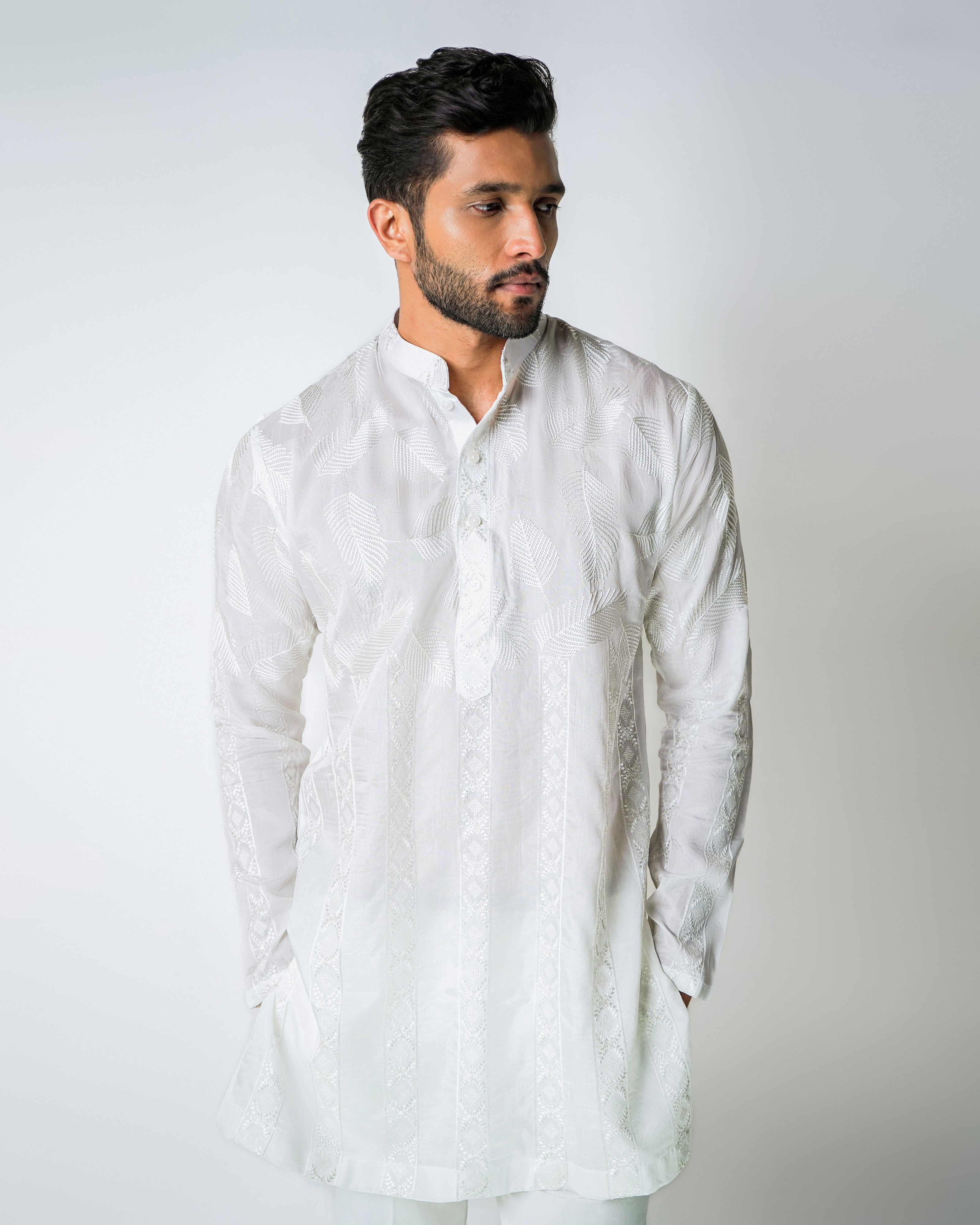 Reverse Floral Showers - White cotton silk kurta set