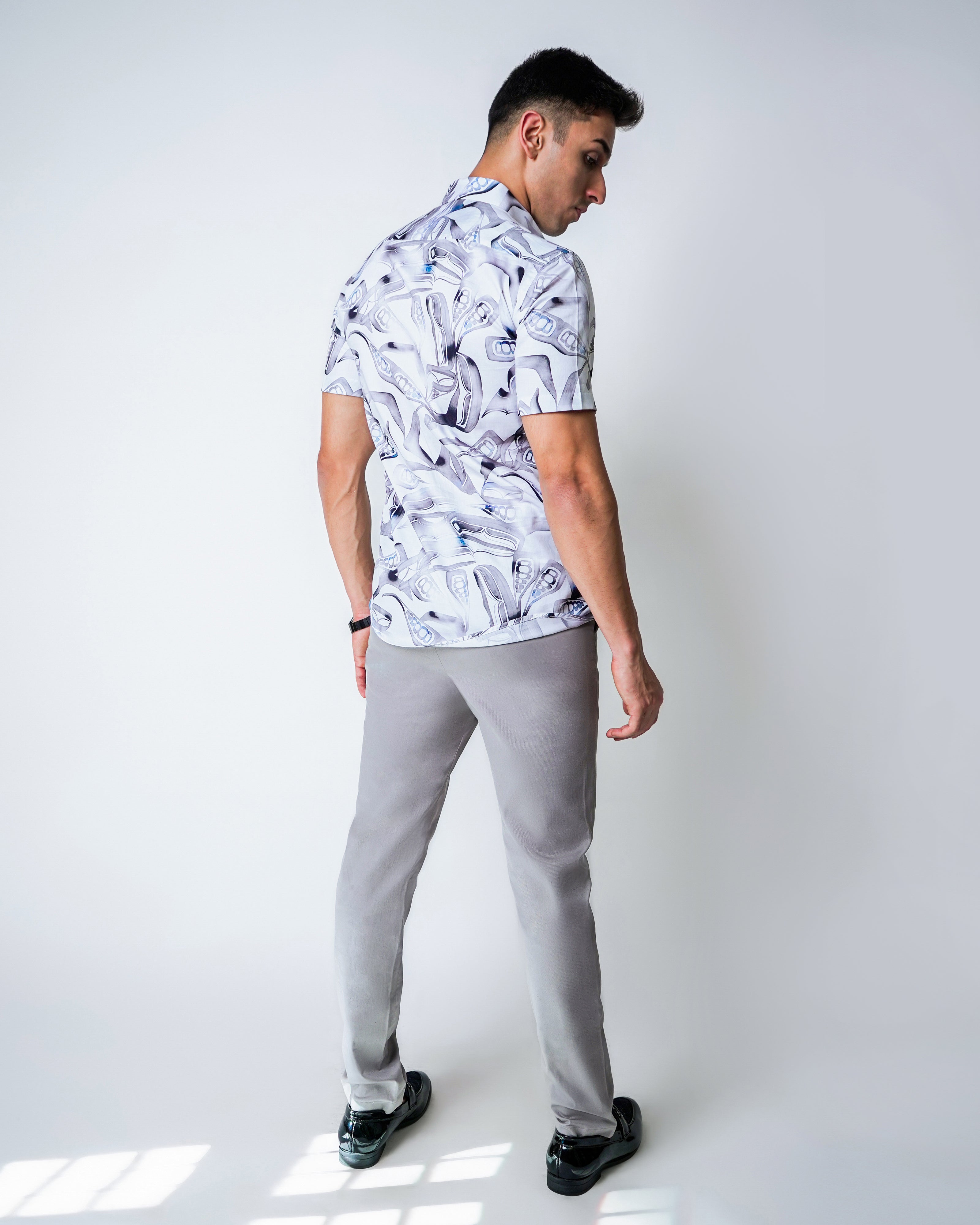 White & Grey Cotton printed Shirt