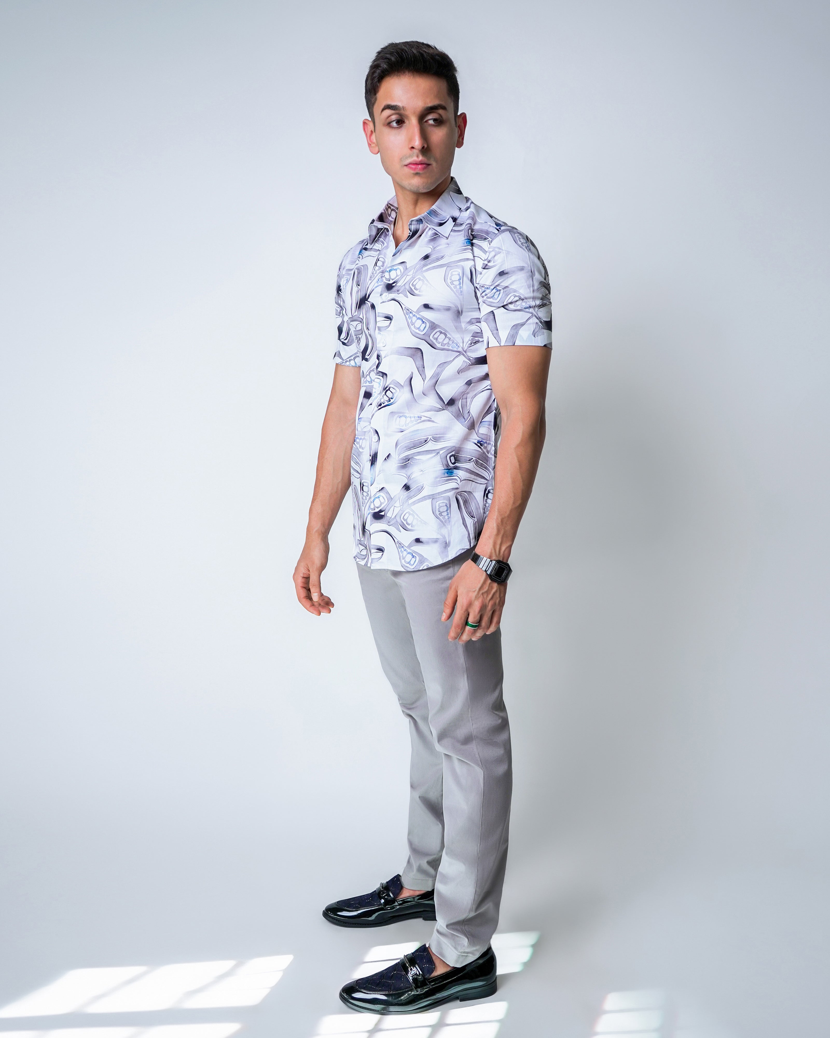 White & Grey Cotton printed Shirt