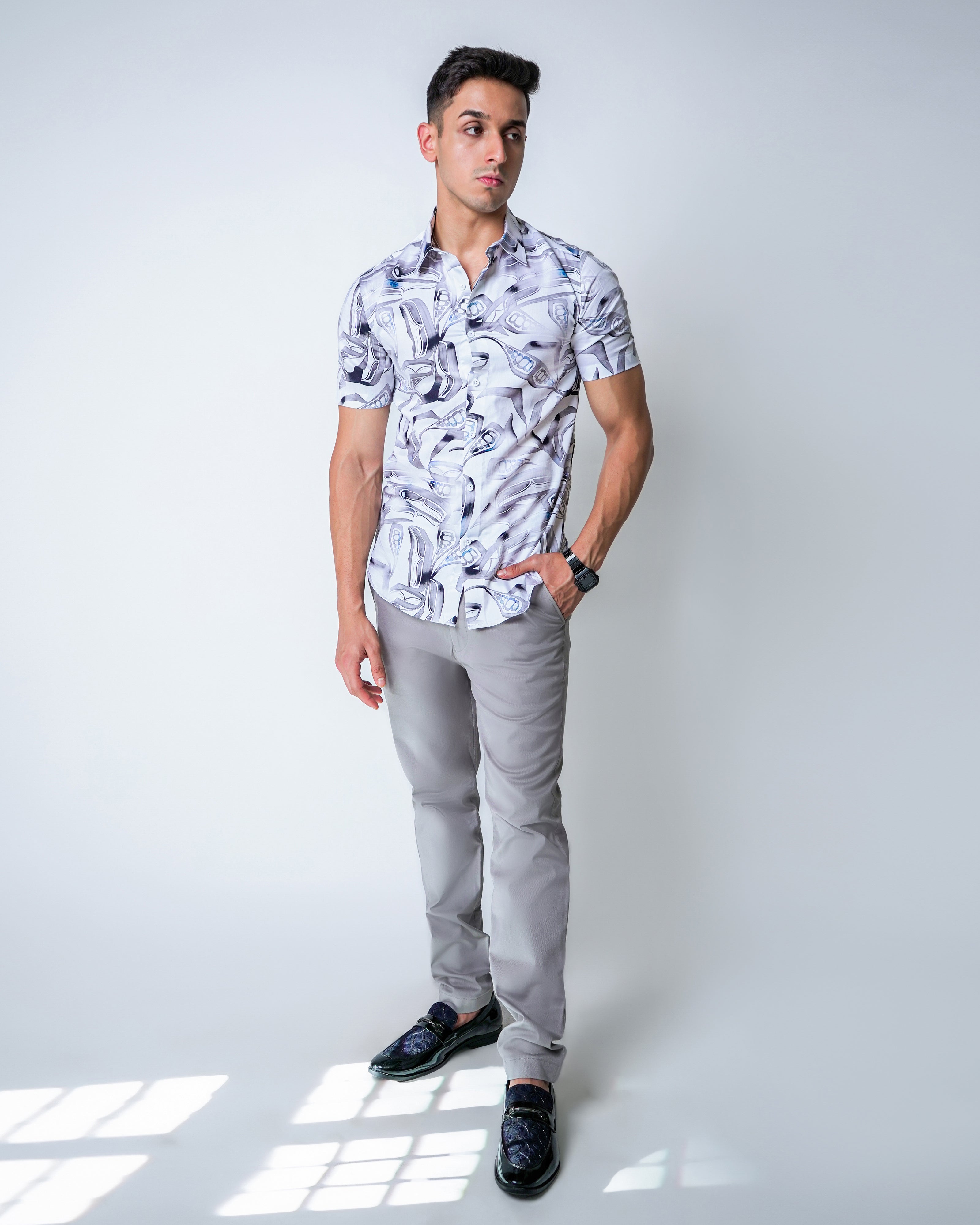 White & Grey Cotton printed Shirt