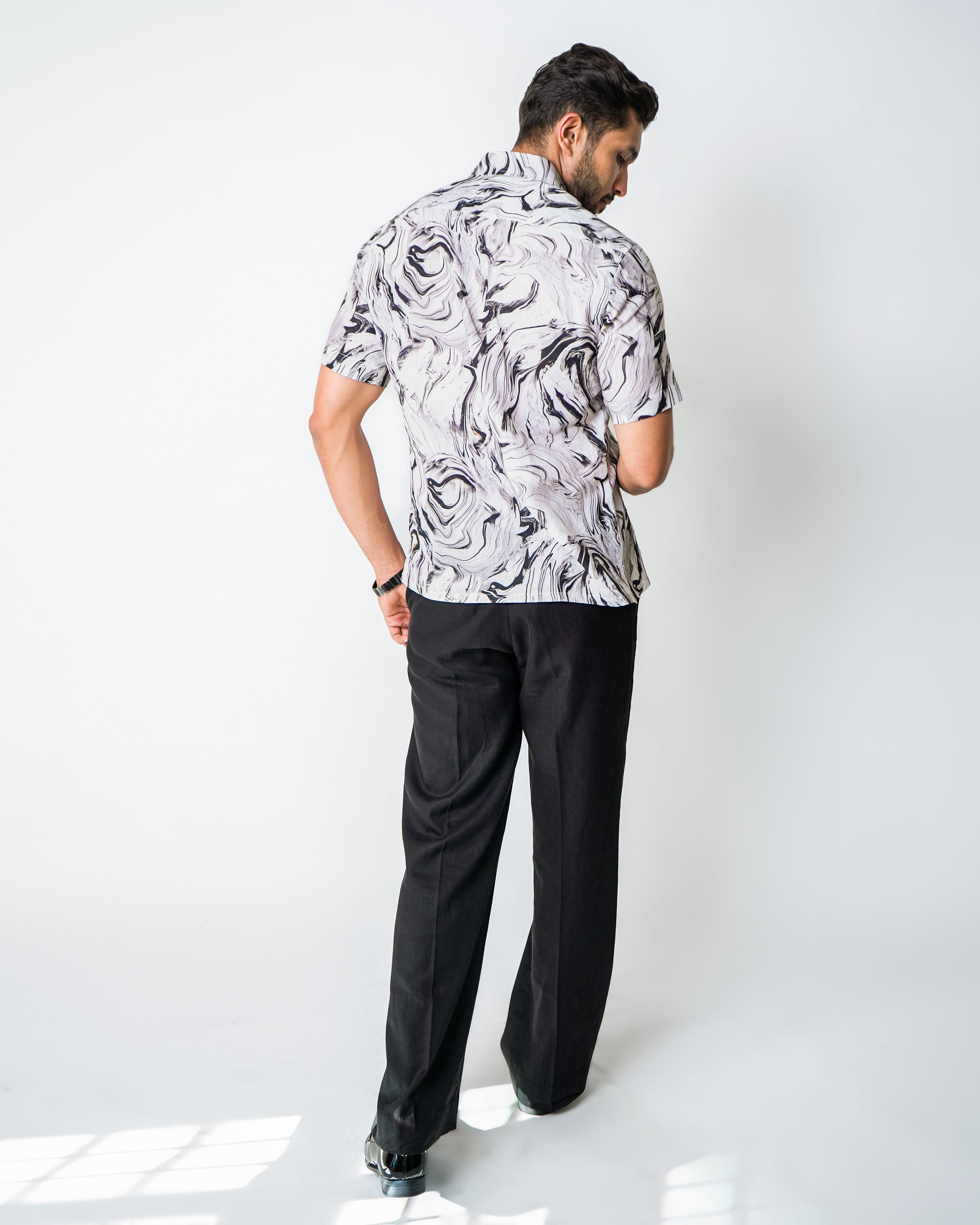 White and Black Marble Print Linen Shirt