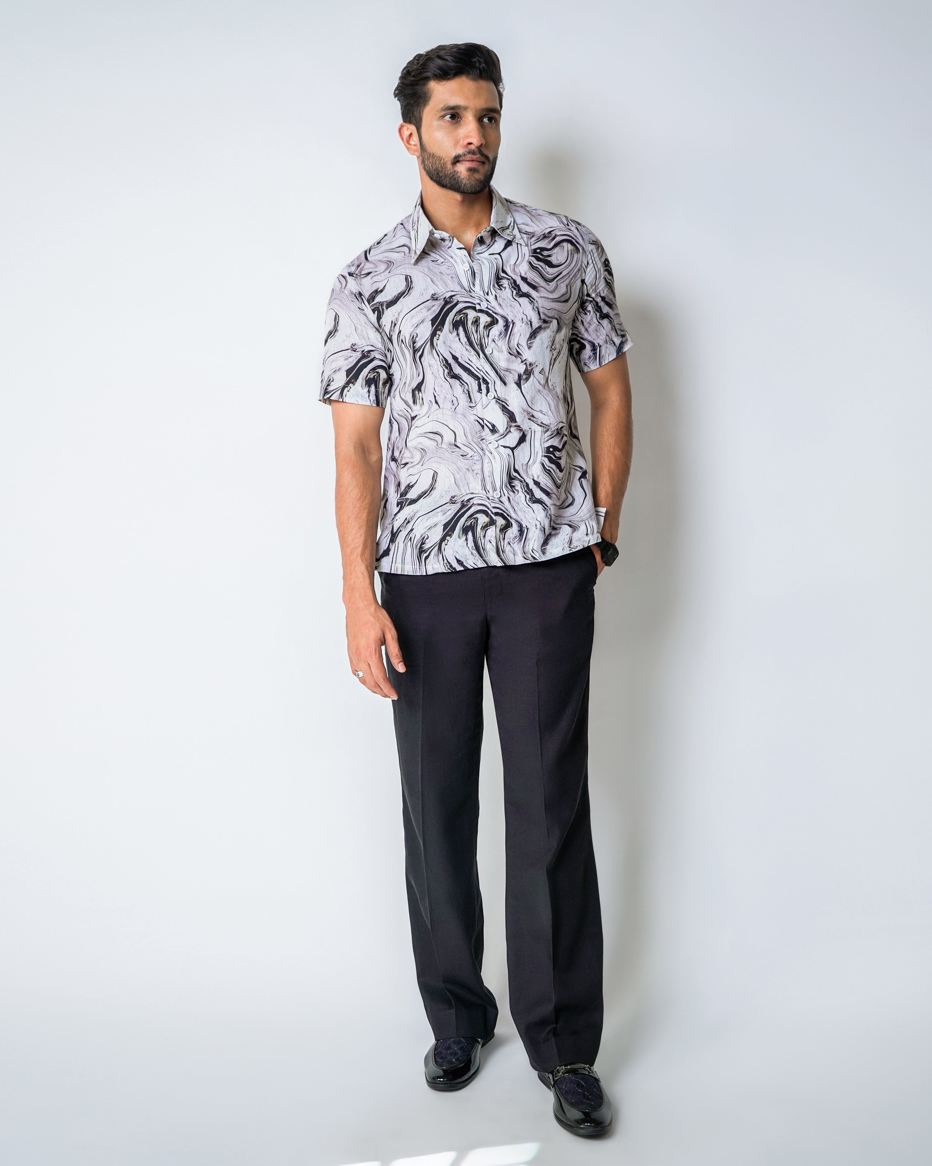 White and Black Marble Print Linen Shirt