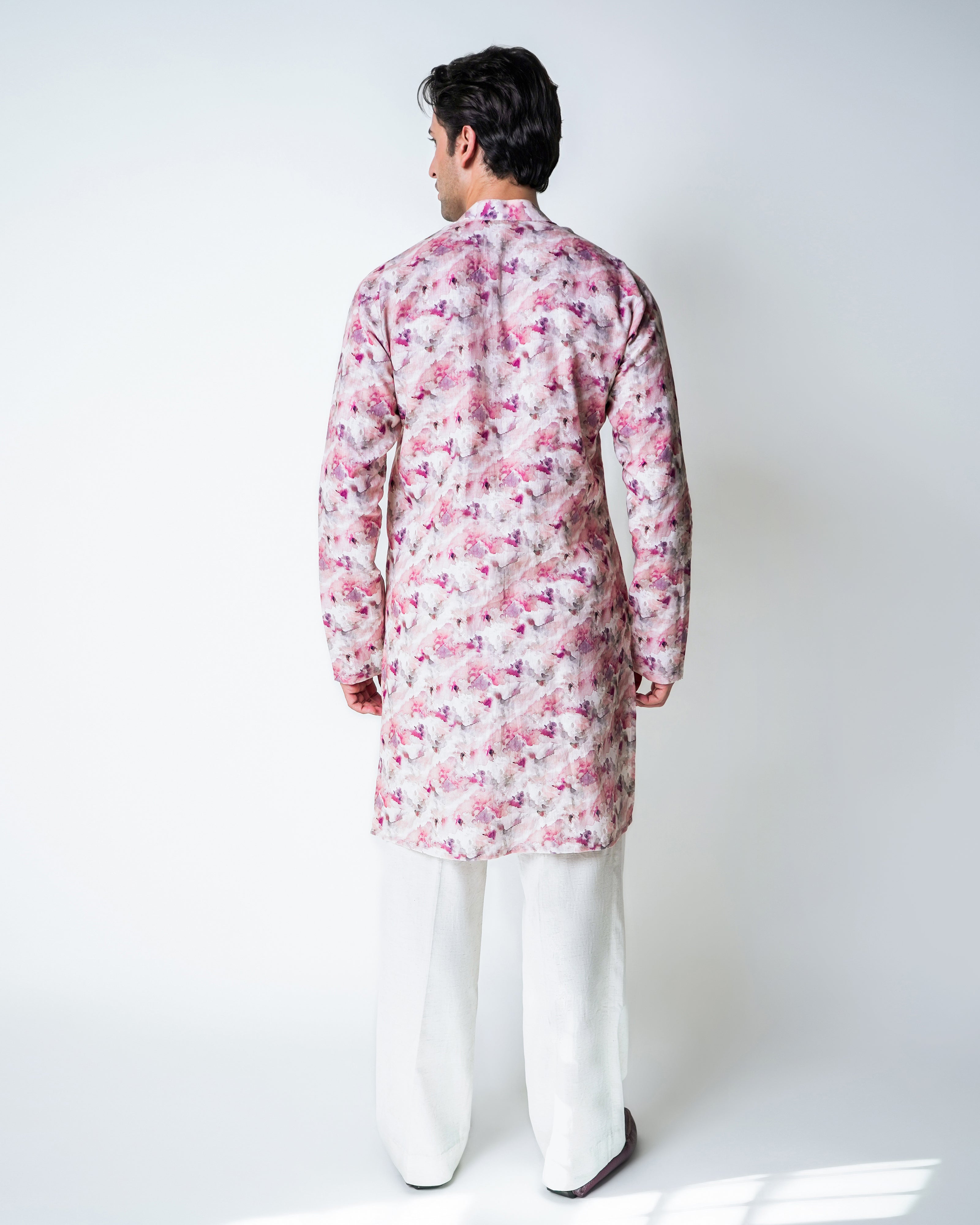 Pink Linen floral printed kurta set
