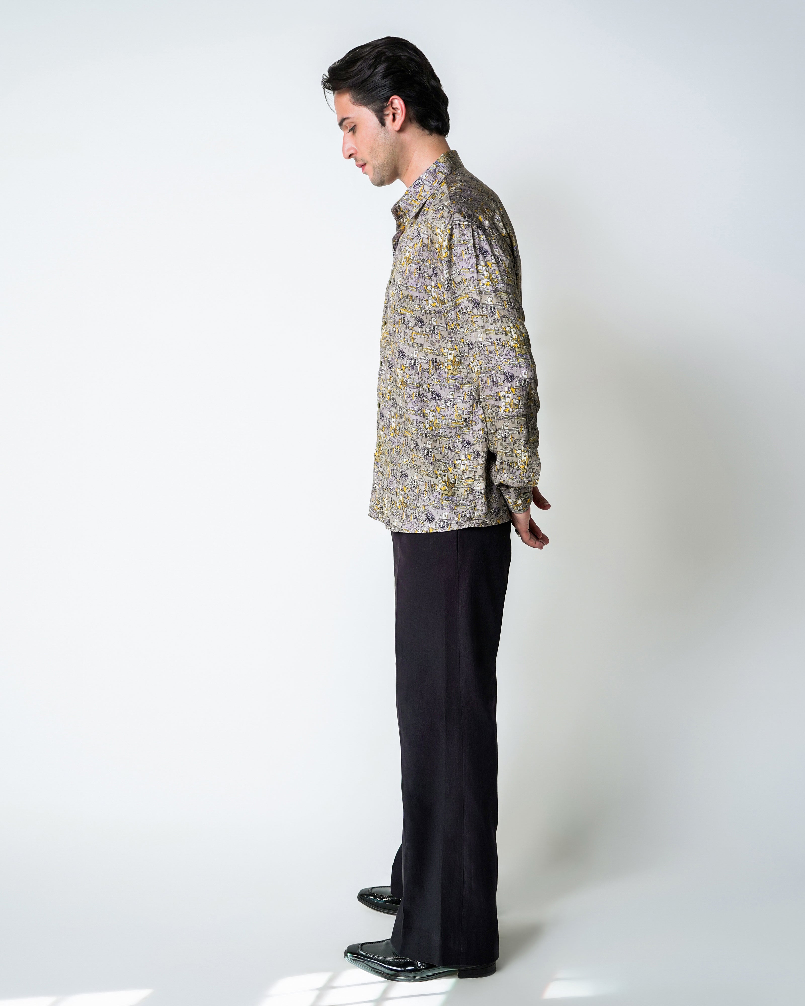 Sheher Grey and Yellow Printed Tencel Shirt