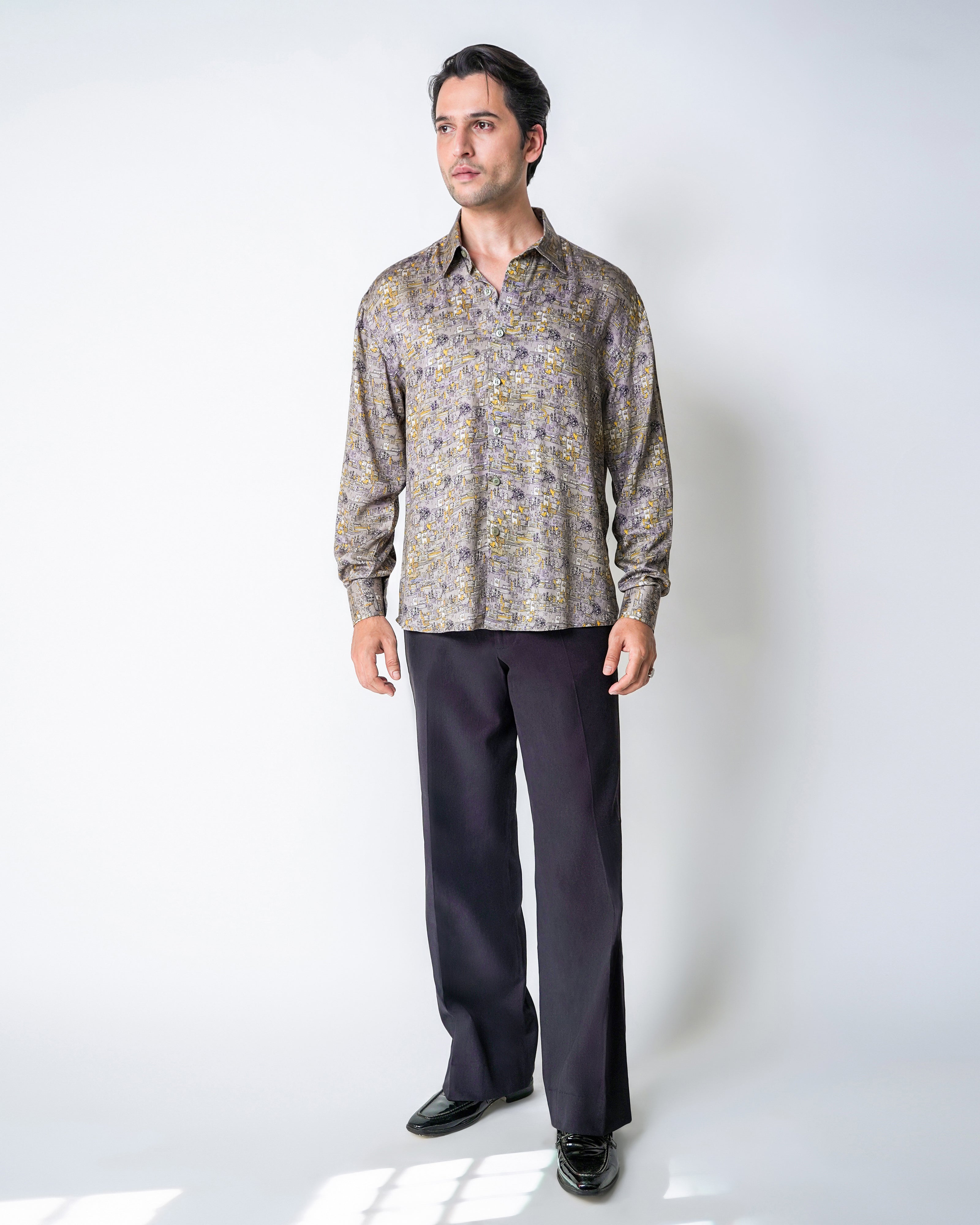 Sheher Grey and Yellow Printed Tencel Shirt