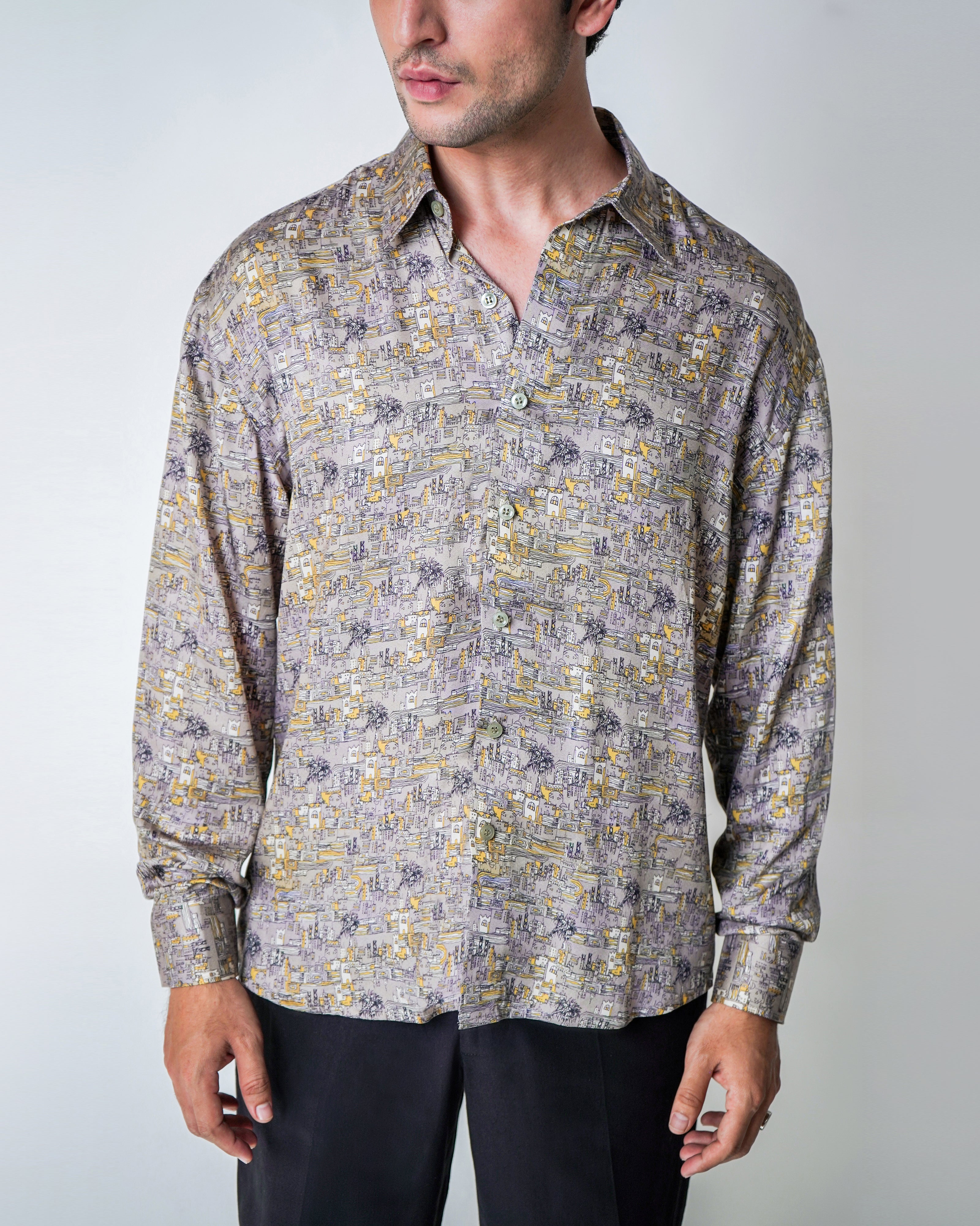 Sheher Grey and Yellow Printed Tencel Shirt